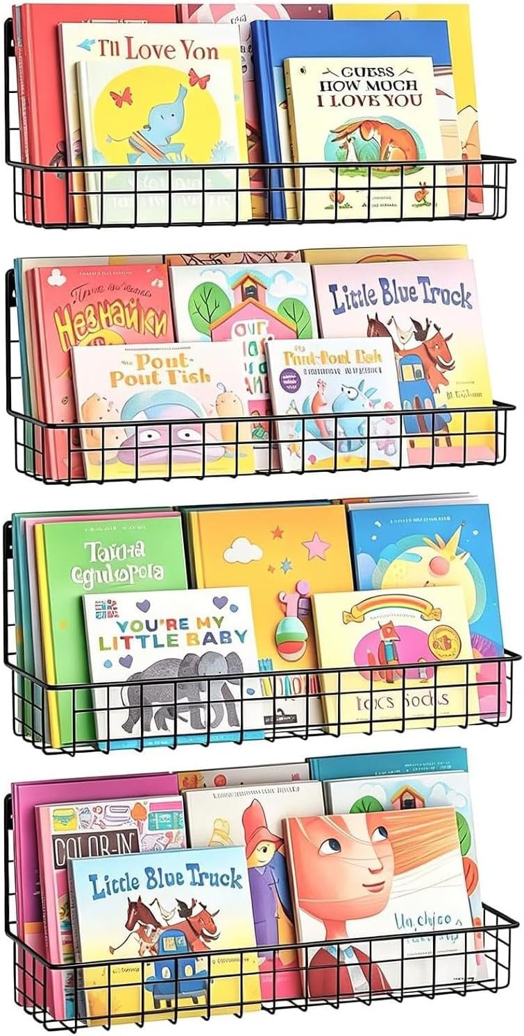 X-cosrack 4-Pack Wall Mounted Metal Kids Bookshelf, Floating Book Shelves for Kids Nursery Toddler Classroom, Hanging Book Shelf Organizer for Room Decor, Black