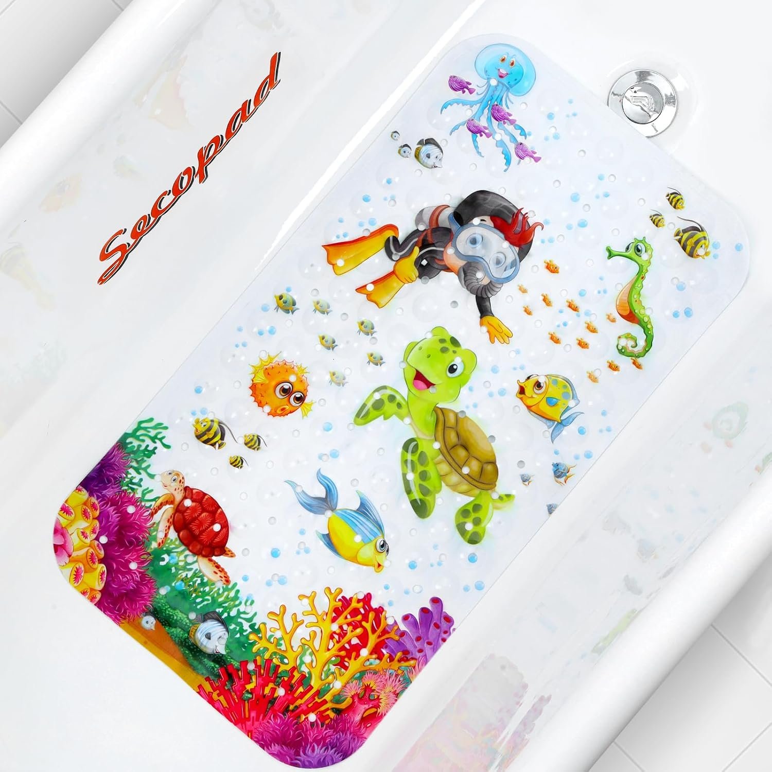 Secopad Bathtub Mat Non Slip, Cartoon Bath Tub Mat, 27.5″ x 15″, Turtle | Rectangular, Anti-Slip, Machine Washable, with Drain Holes and Suction Cups,For Bathtub and Shower Floor, for Toddler & Kids