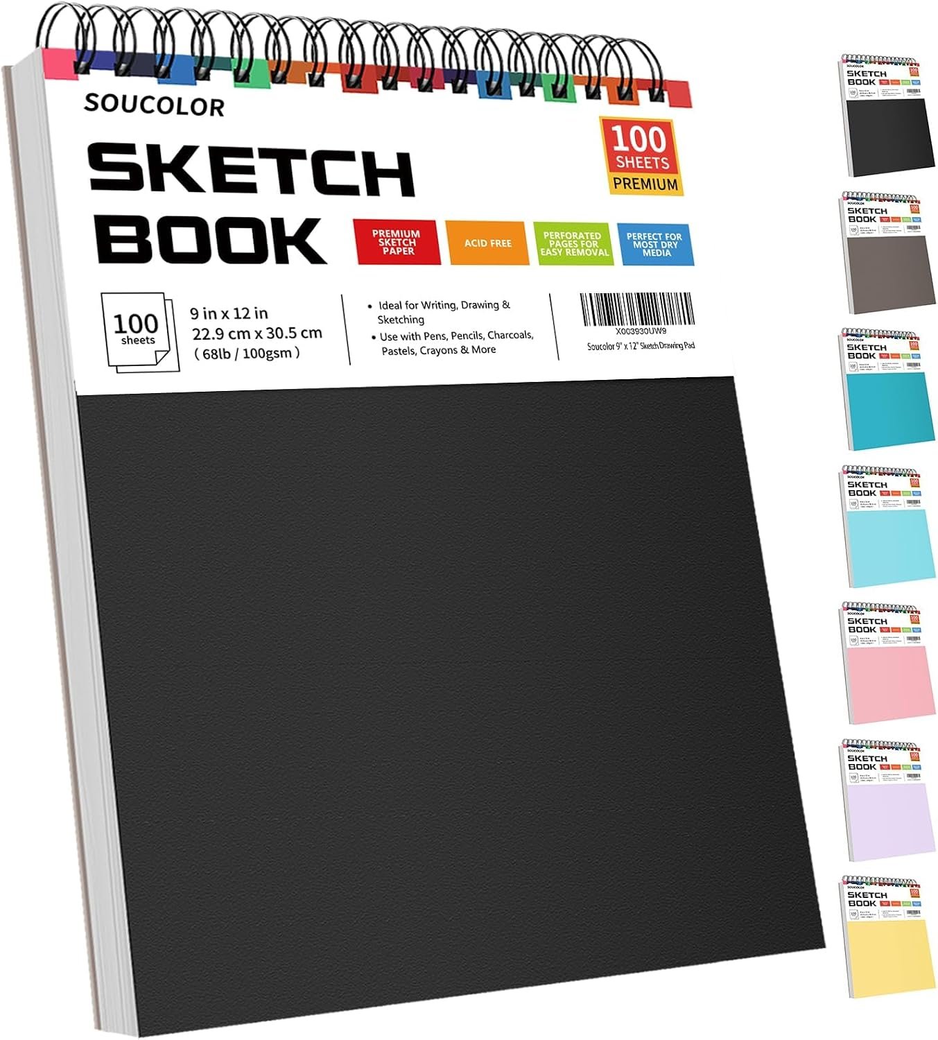 Soucolor Sketch Book 9×12,100 Sheets, Kids Art Sketchbook for Drawing Pad | Gift for Young Artists,68lb Acid-Free,Fine-Texture Matte,Top Spiral Lay-Flat,Dry Media, Sketch Book for Adults