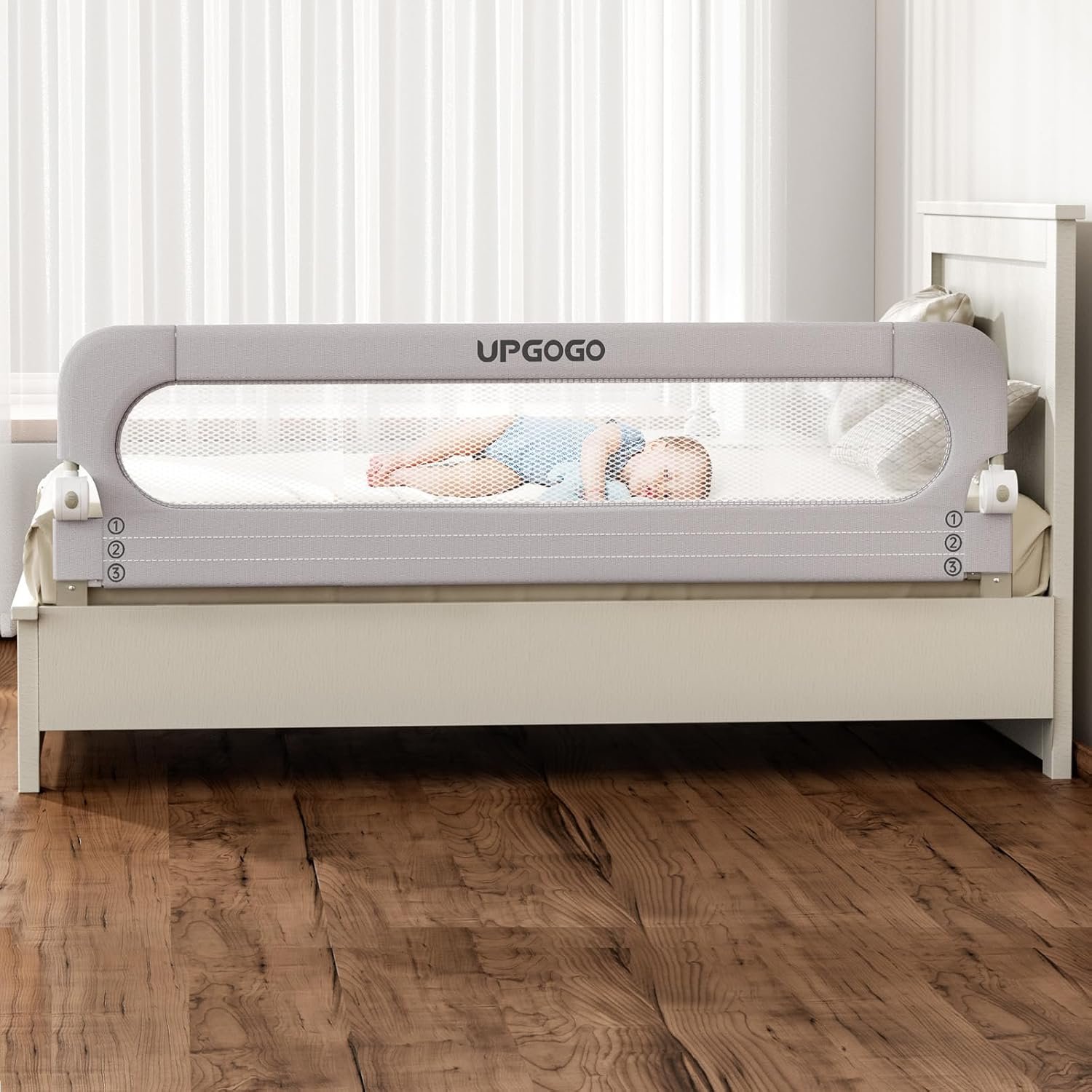 UPGOGO Folding Bed Rail for Toddlers, Grey, 71″ L x 23.6″ H | U-shaped base，Reinforced Anchors, Built-in Sponge , Secure lock