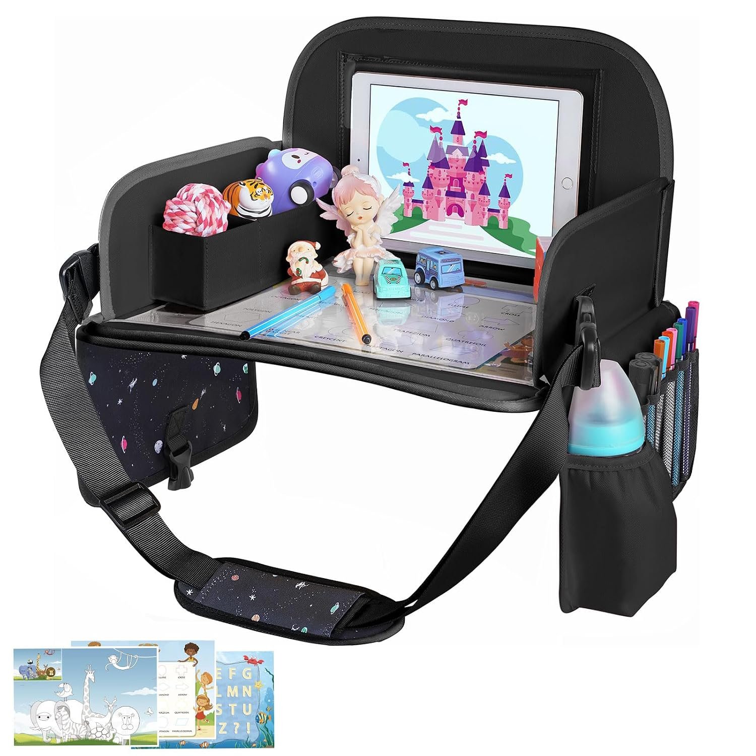MENZOKЕ Kids Travel Tray, Road Trip Activities for Kids Toddlers | Toddler Car Activities with No-Drop iPad Holder Stand, Roadtrip Essentials with Dry Erase Board & Cooler Cup Holder, Black