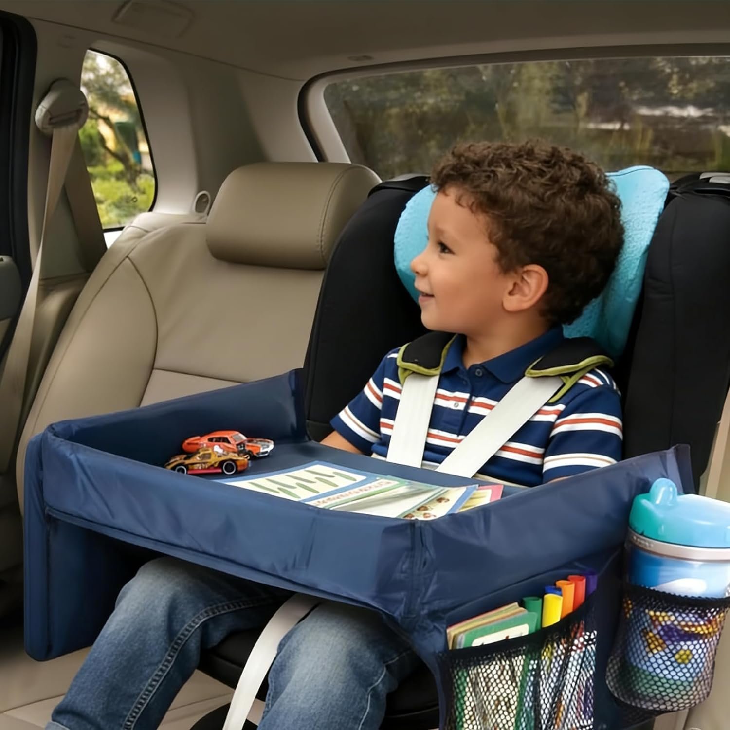 Kids Travel Tray for Car Seat – Toddler Road TripEssentials with Drawing Kit, Lap Desk Organizer for Car &Airplane