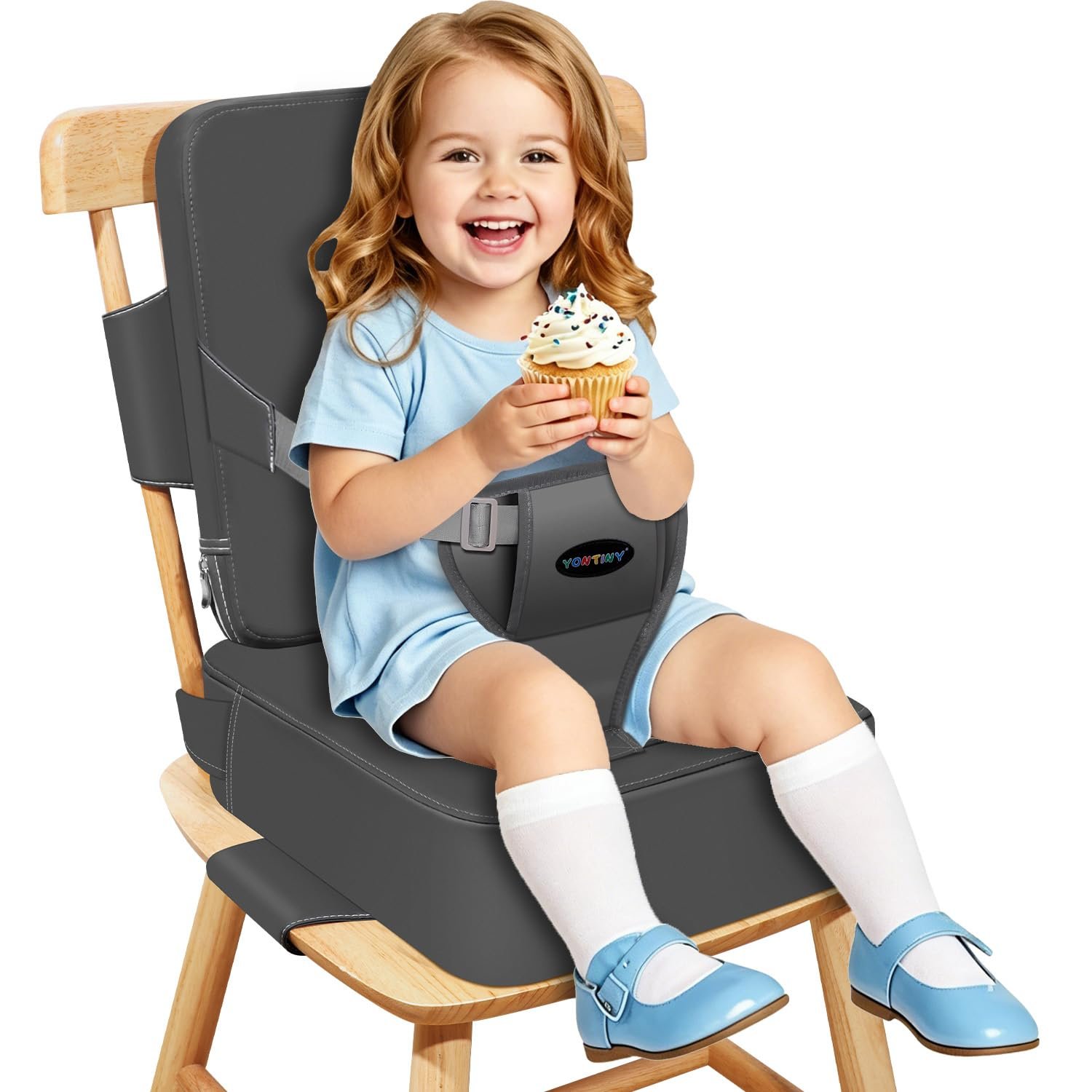 Toddler Booster Seat for Kitchen Chair with Removable Backrest & Adjustable Straps, PU Portable Waterproof & Non-Slip Booster Seat for Dining Table, Travel Child Eating Cushion – Dark Grey