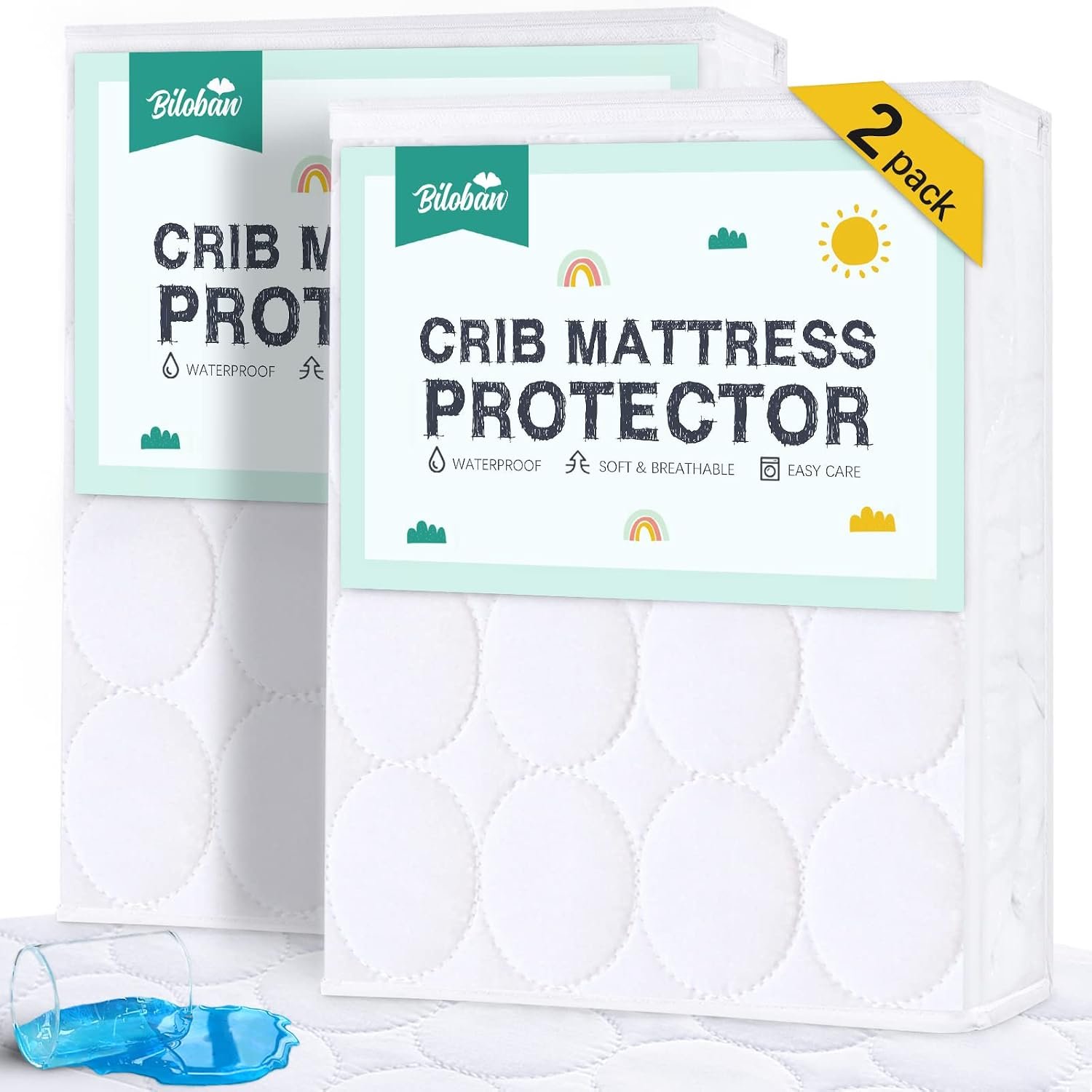 Crib Mattress Protector Sheets Waterproof 2 Pack, 52” x 28” White | Quilted Crib Mattress Pad Cover Fitted Fits for Toddler Bed Mattress