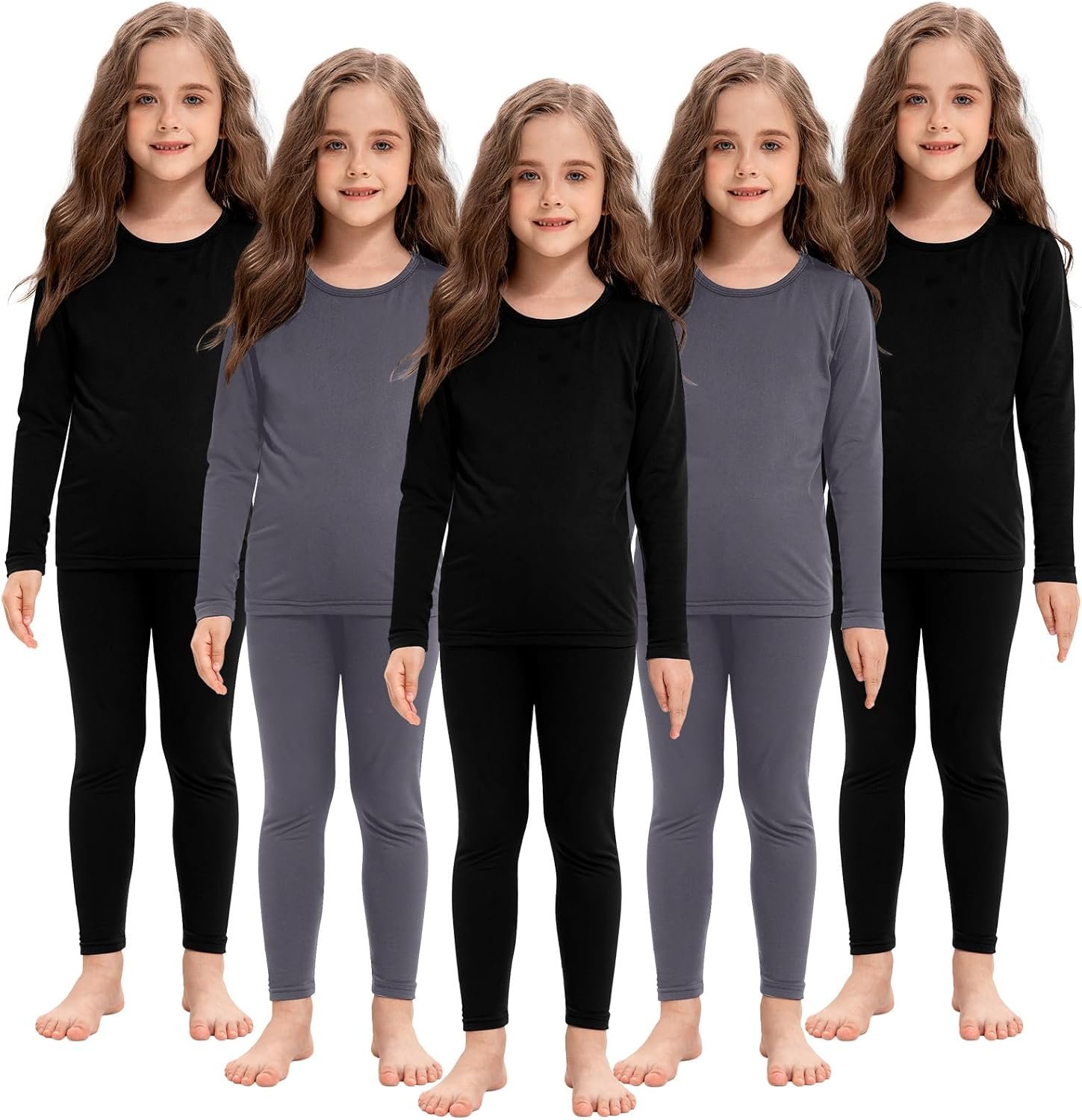 Silkfly 5 Set Girls Thermal Underwear Set Fleece Lined Long Winter Underwear Kids Base Layer Thermal Top Bottom Warm
