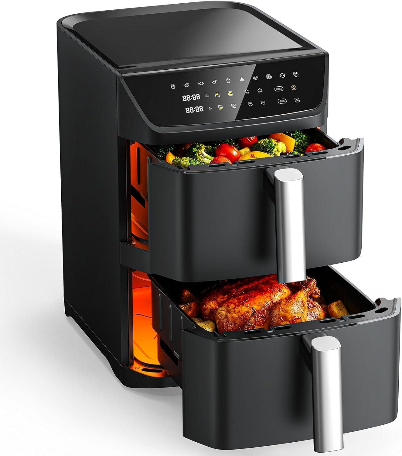 Double Stack Air Fryer, 12.6QT Large Capacity Vertical Air Fryer, Dual Layer Baskets, 10 Presets, 1700W Power, Space-Saving Design for Family Cooking, Black S (Black S)