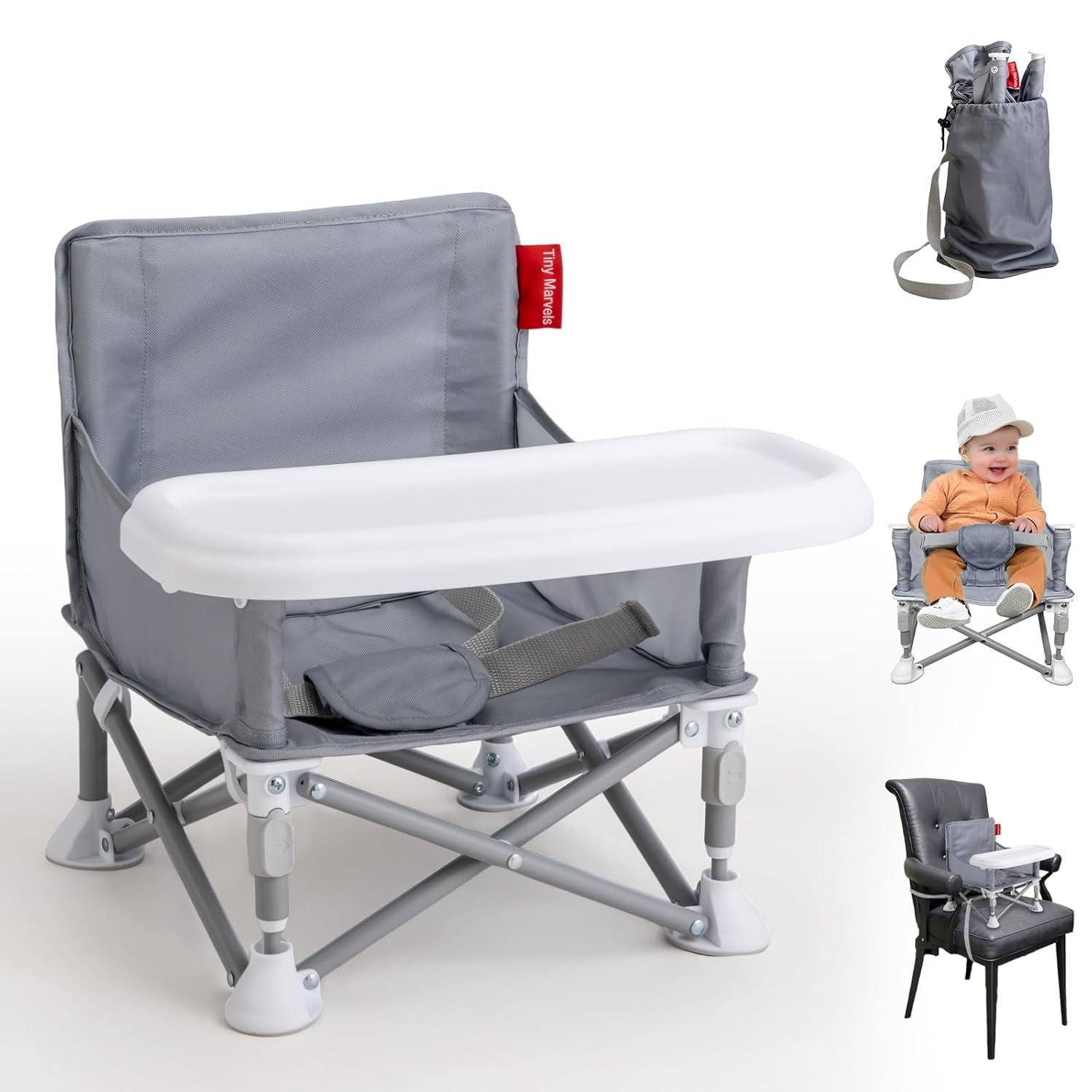 Tiny Marvels Baby Chair, Portable & Foldable for Travel & Beach, Ages 6M-3Y | BPA-Free & 3-Point Harness for Safety, Removable Tray & Carry Bag, Non-Slip & Reinforced Frame for Stability, Gray