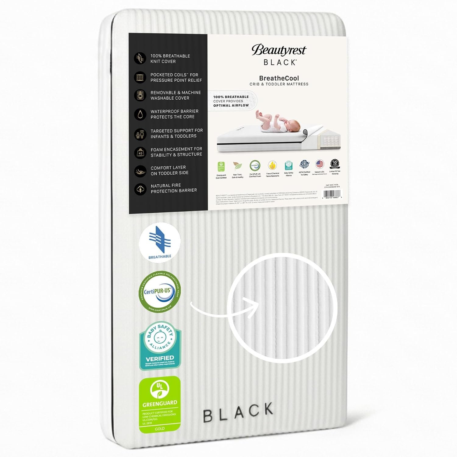 Beautyrest Black BreatheCool 2-Stage Crib and Toddler Mattress – Breathable & Machine Washable Cover – GREENGUARD Gold – Waterproof, White