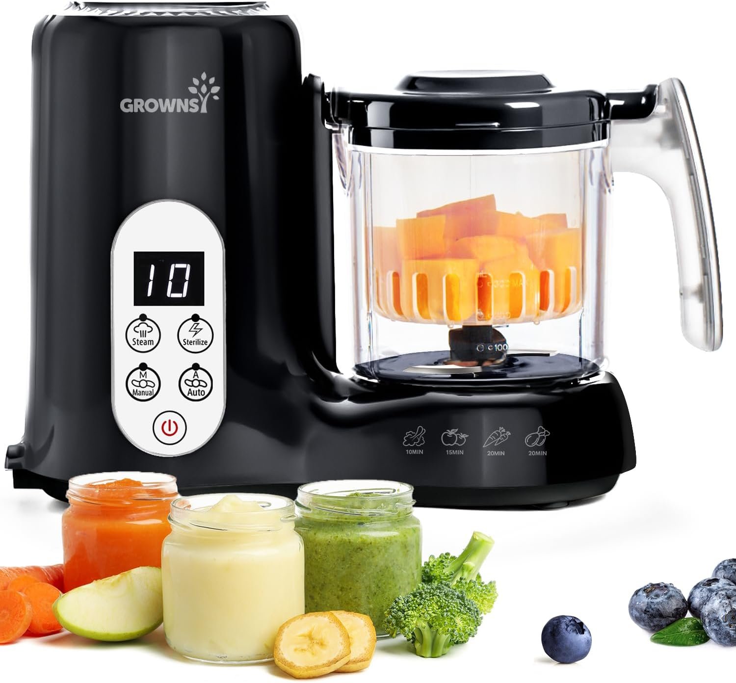 Grownsy Baby Food Maker with Steam Basket, One Step Baby Food Processor Steamer Puree Blender Grinder Mills Machine, Auto Cooking Grinding and Sterili-zing for Healthy Homemade Baby Food, Black