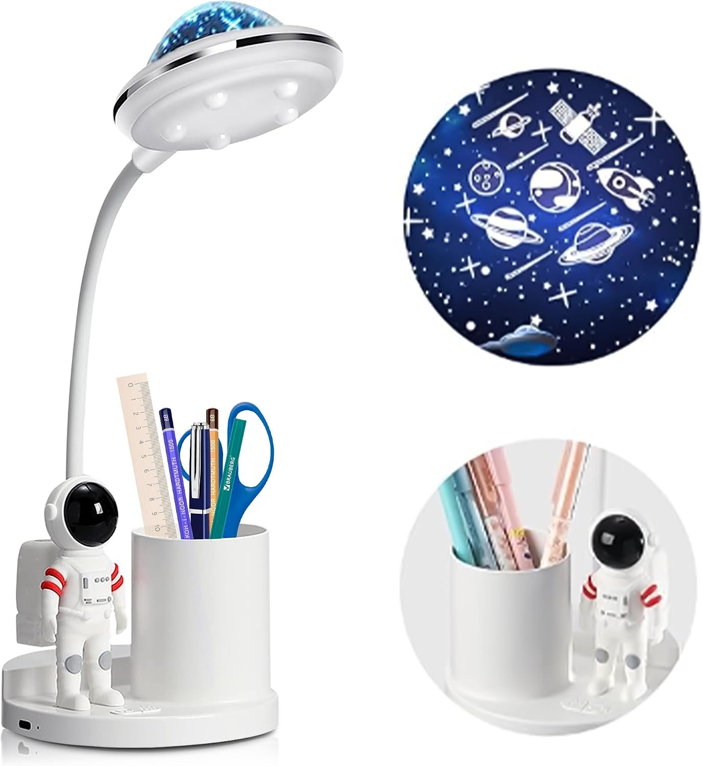 Astronaut Desk Lamp for Kids,Star Space Projector Space Rocket Lamps,Astronauta Lights with Pen Holder,Step-Less Dimming Lighting,Eye-Care Reading Small Desk Lamps for Bedroom,Gifts for Boys and Girls