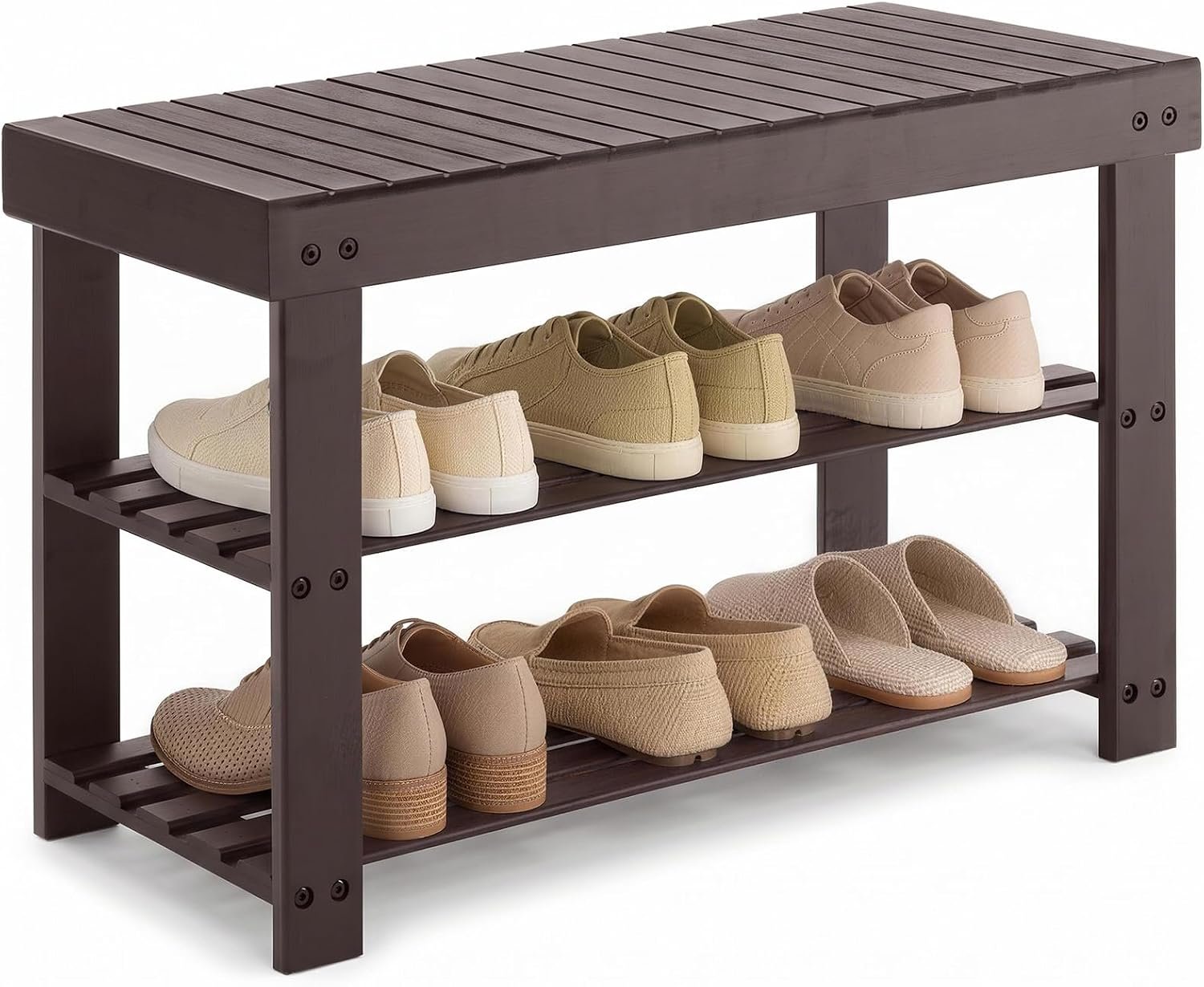 NEWBULIG Shoe Rack Bench, 3-Tier Bamboo Shoe Organizer, Wooden Entryway Storage Bench, 286 lb Load Capacity, 11.2×27.6×17.9 Inches, for Entryway Bathroom Bedroom Balcony, Brown