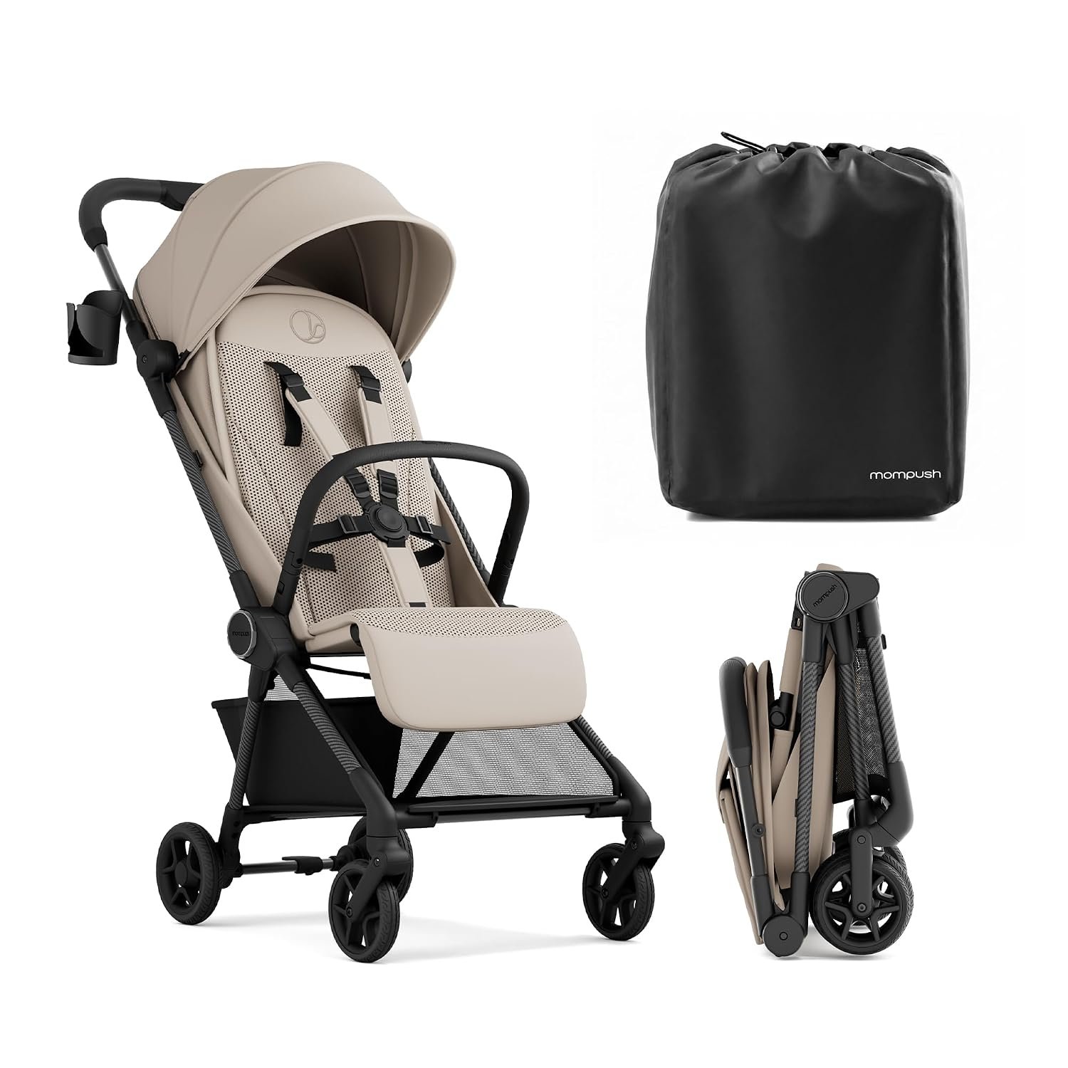 Mompush Nexis Carbon Fiber Lightweight Travel Stroller, Carry-On, Khaki | Lightweight travel stroller for airplane, compact auto-fold, one-hand recline, XL basket, cup holder, rain cover included