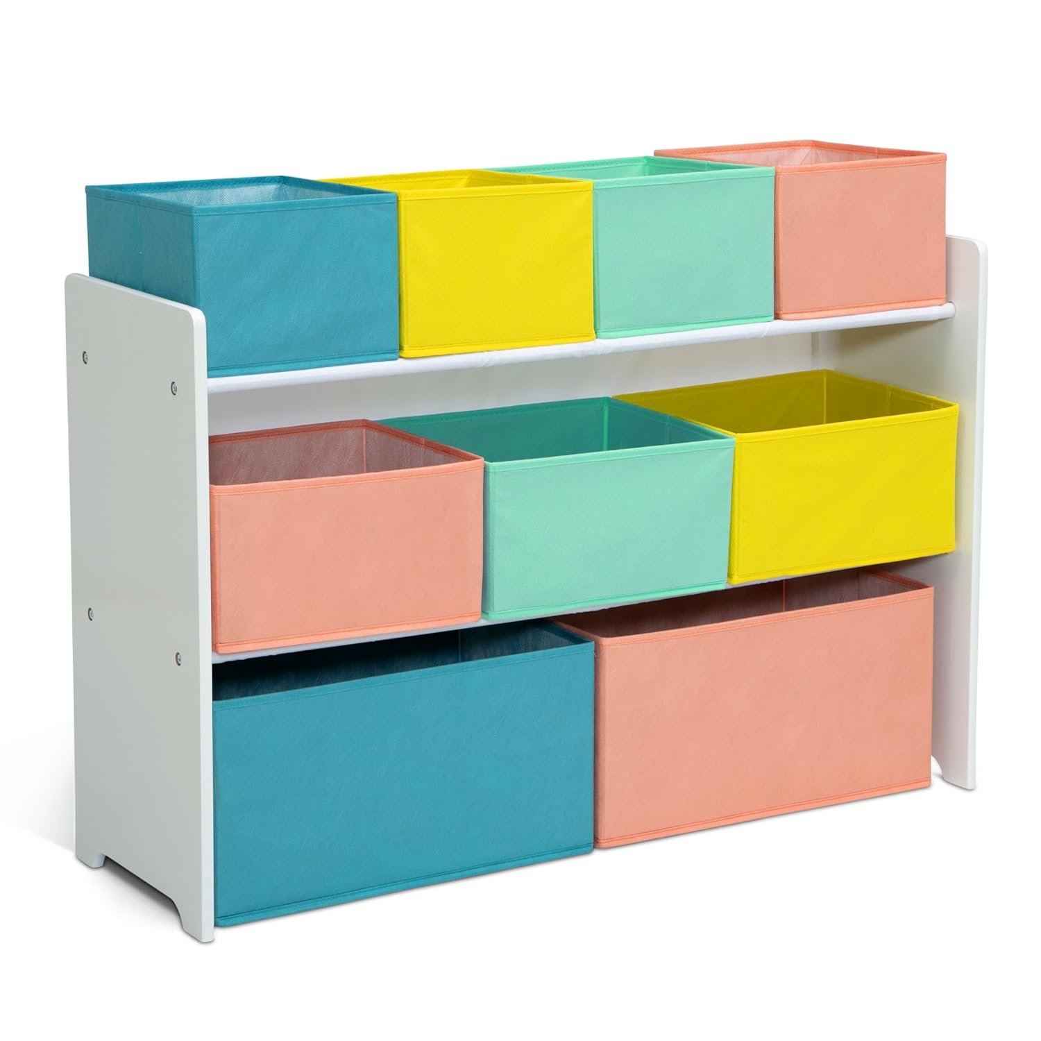 Delta Children Deluxe Multi-Bin Toy Organizer with Storage Bins – Greenguard Gold Certified, White with Blue/Orange/Pastel Bins