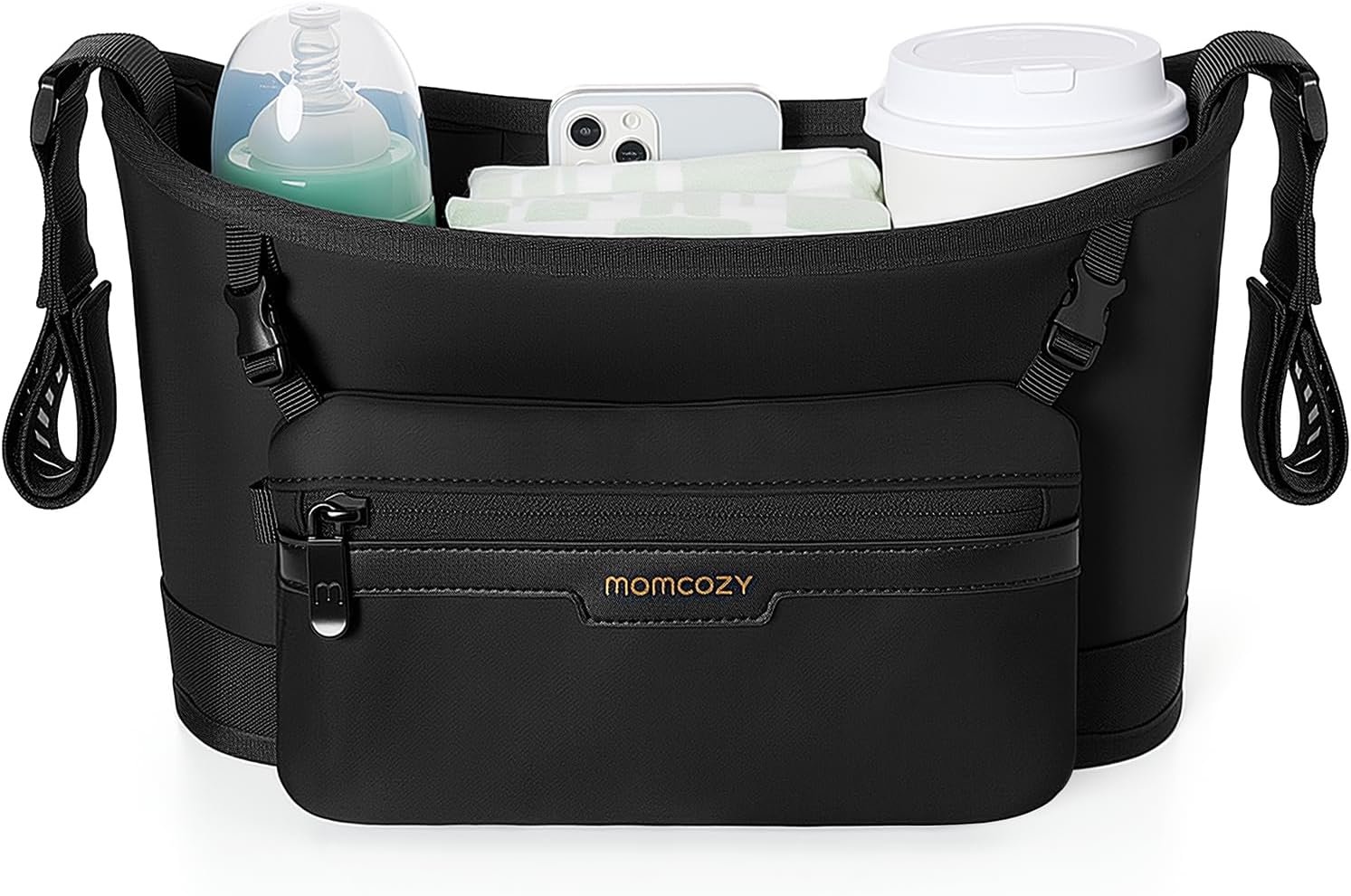 Momcozy Slim Stroller Organizer with 2 Insulated Cup Holders | Non-Slip Silicone Straps with Detachable Mini Pouch, Dense-Weave Parent Console, Fits UPPAbaby, Doona, Graco and More