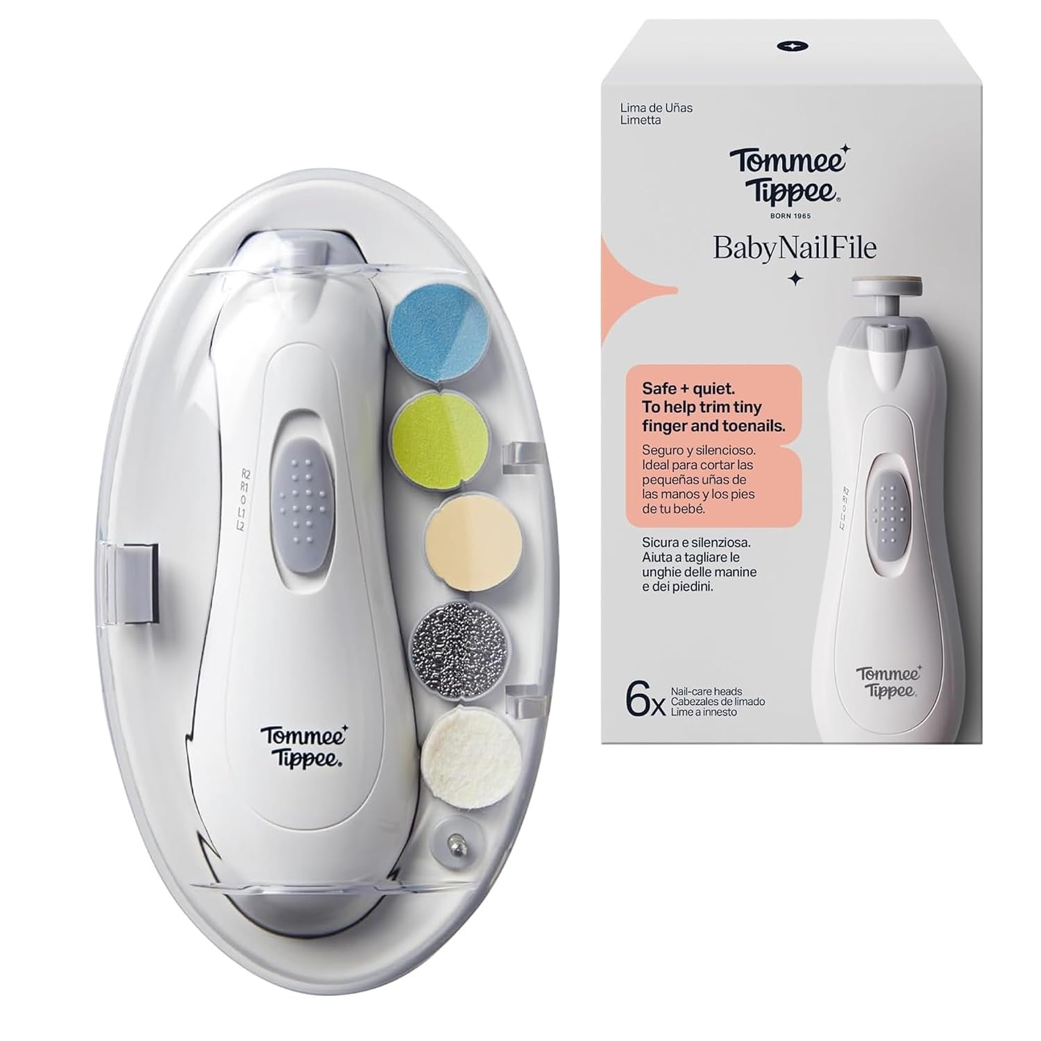 Tommee Tippee Electric Baby Nail File & Clipper, Battery-Powered | Six Filing Heads, LED Light, Adjustable Speed & Direction, For the Entire Family