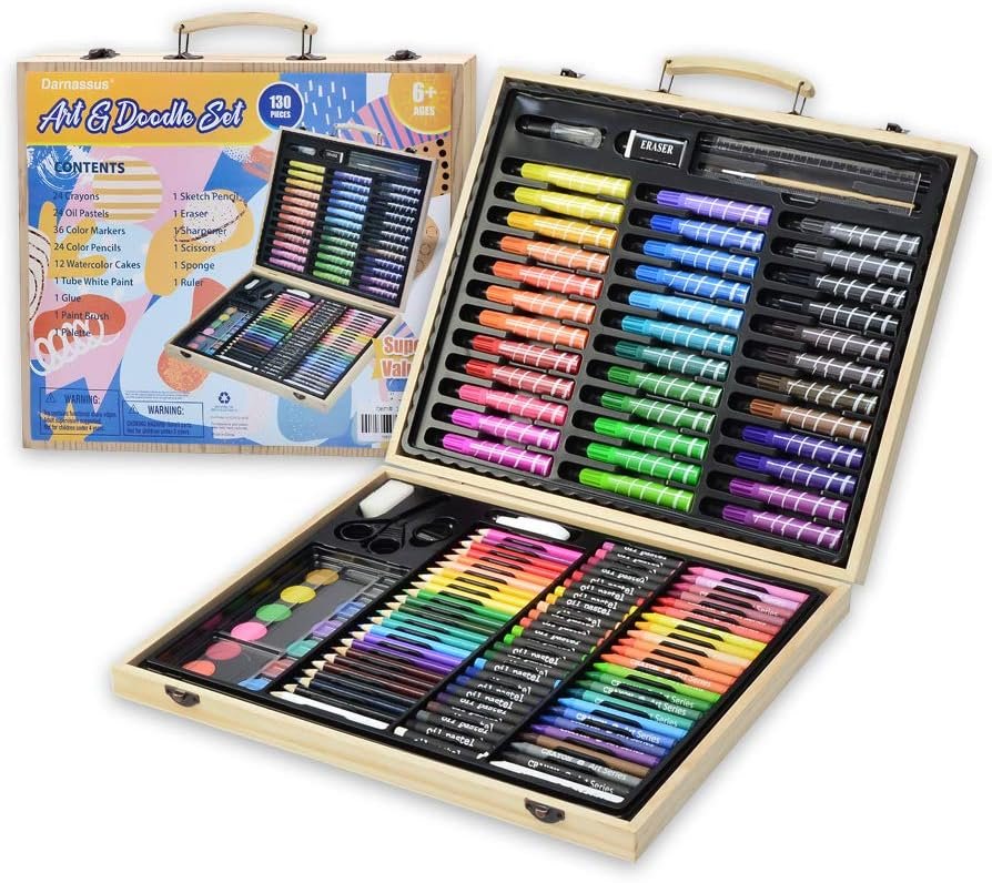 Darnassus 130-Piece Art Set, Deluxe Professional Color Set, with Compact Portable Wooden Case, Art Kit Gift for 4-12 Age | 130-Piece Art Set Stores Assorted Drawing And Coloring Supplies In A Compact Portable Wooden Case.