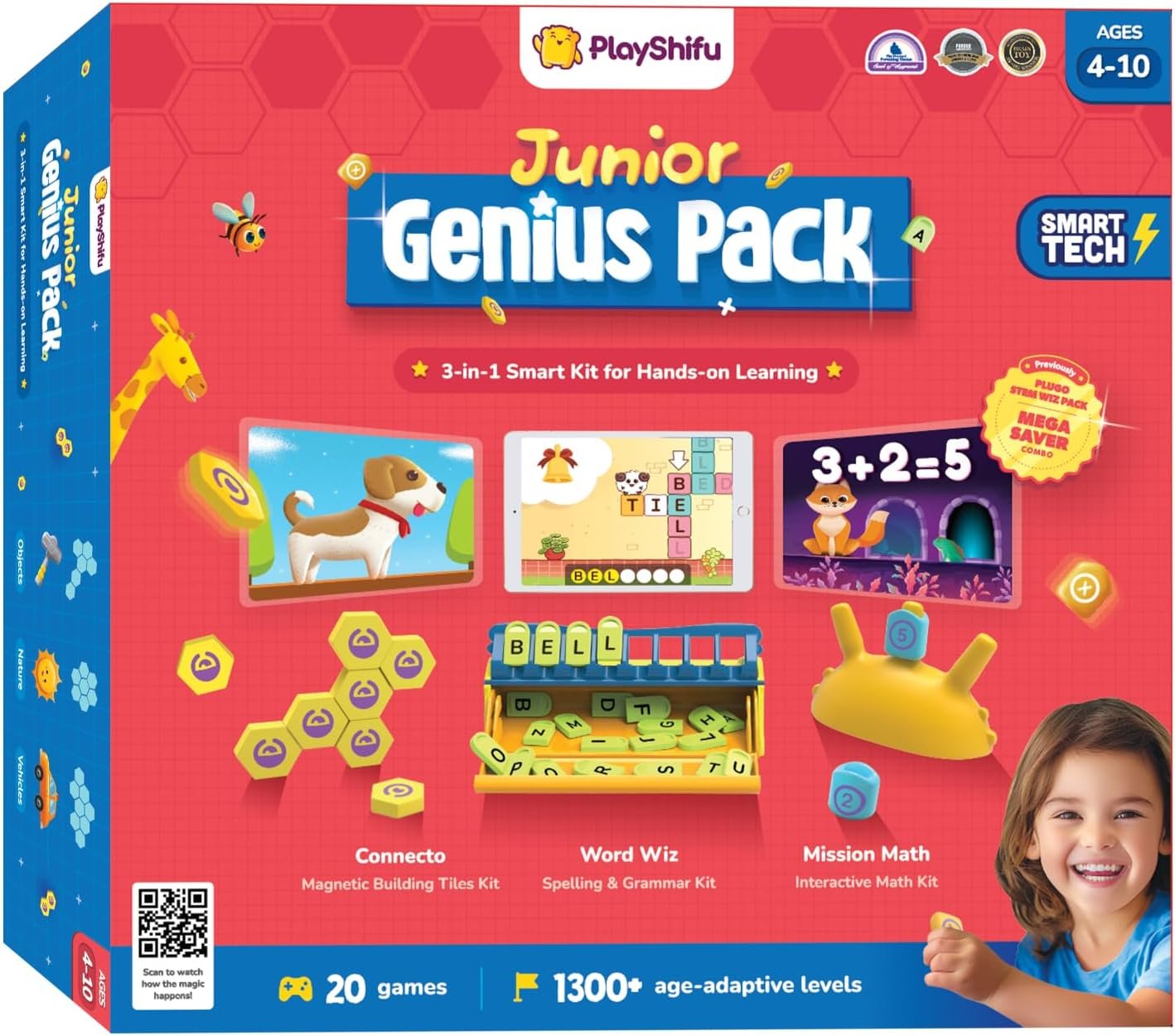 PlayShifu Junior Genius Pack | 3-in-1 STEM Learning Kit with Word Wiz, Mission Math & Connecto | Tech-Powered Educational Toys for Kids Ages 4–10 | Gift for Boys & Girls | Tablet Not Included