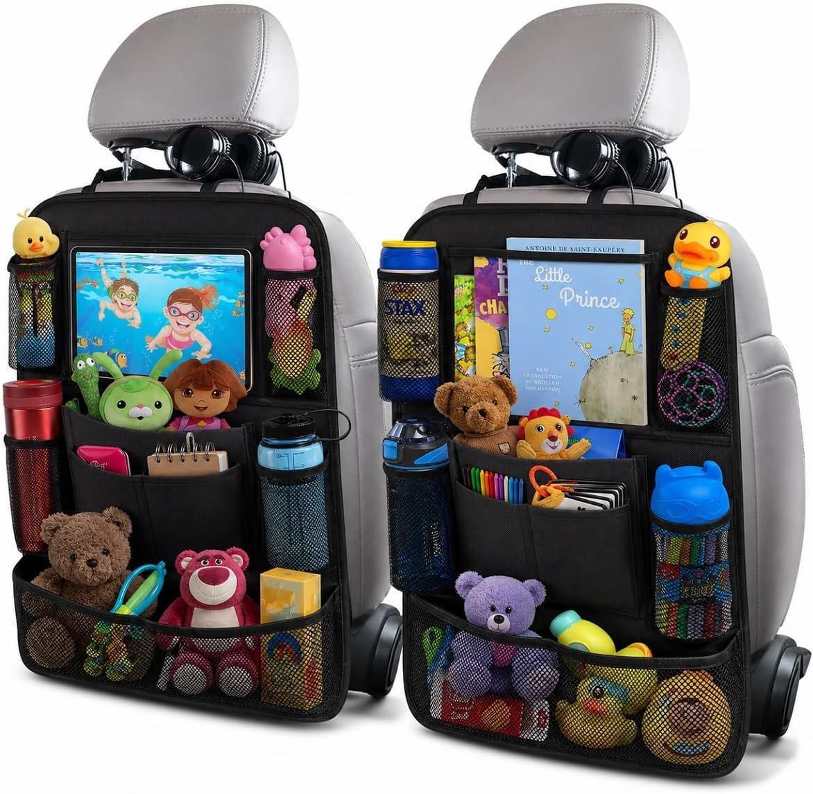 ULEEKA Car Backseat Organizer with 10″ Table Holder, 9 Storage Pockets Seat Back Protectors Kick Mats for Kids Toddlers, Travel Accessories, 2 Pack (Black) | Car Organizers and Storage Kick Mats Back Seat Protector w/ Touch Screen Tablet Holder for Kids Toddlers, Travel Accessories