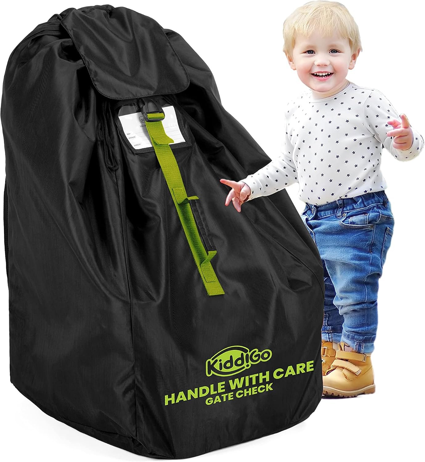 KiddiGo Car Seat Travel Bag For Airplane, Black & Green, 33” H x 18” W x 18” D, Fits Most Standard Convertible, Booster & Infant Car Seats, Gate Check Universal Size Car Seat Cover, Easy Carry Design