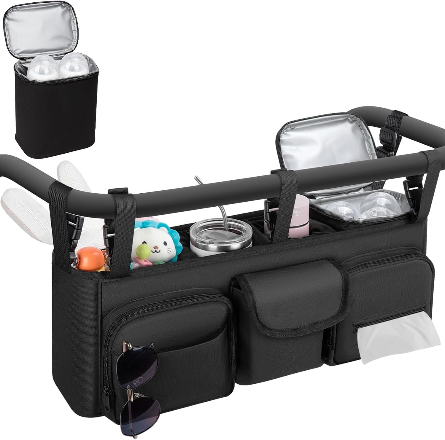 Double Stroller Organizer Compatible with Bob Duallie, with Cooler Bag | Double Baby Stroller Accessories Compatible with Baby Jogger City Mini GT2, Parent Console Double Stroller Caddy, Black