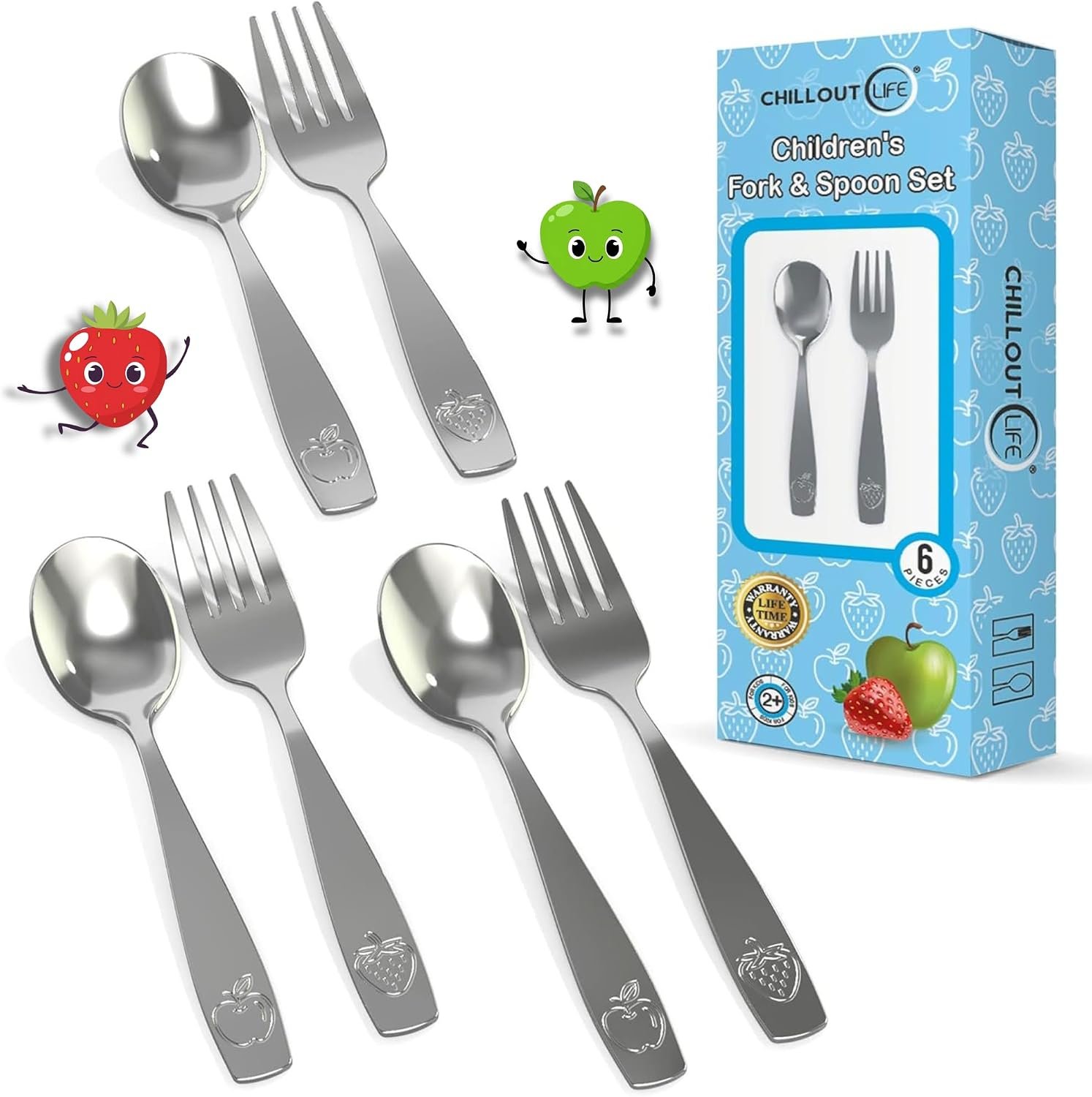 CHILLOUT LIFE Stainless Steel Kids Silverware Set 6 Pieces – Child and Toddler Safe Flatware – Kids Utensil Set – Metal Kids Cutlery Set (Includes 3 Small Kids Spoons & Kids 3 Forks)
