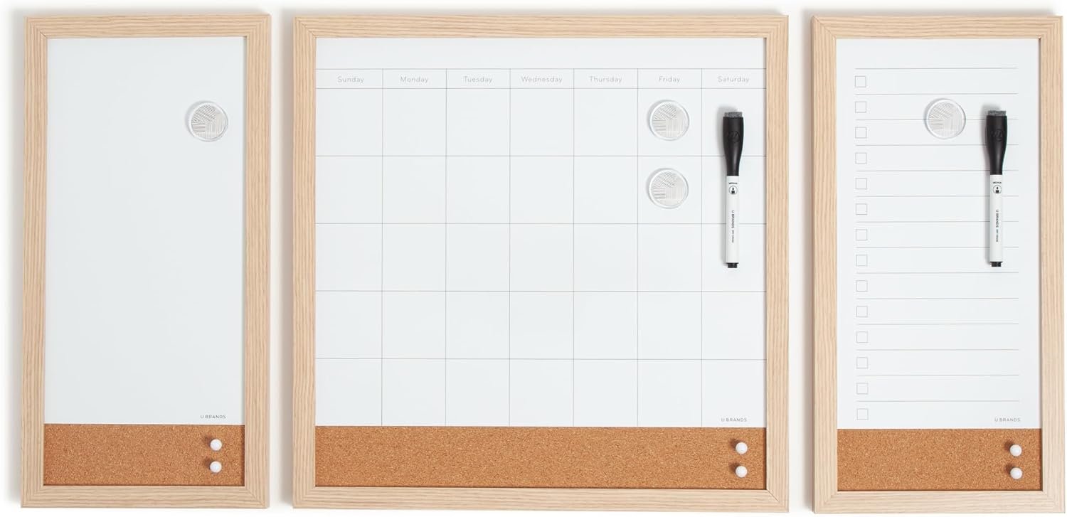 U Brands Dry Erase Monthly Calendar White Board Set, Family Calendar Magnetic Whiteboard 3 Piece Set, Monthly Calendar, To-Do List, & Reminder Board, Includes Markers, Push Pins, & Magnets, Wood Frame