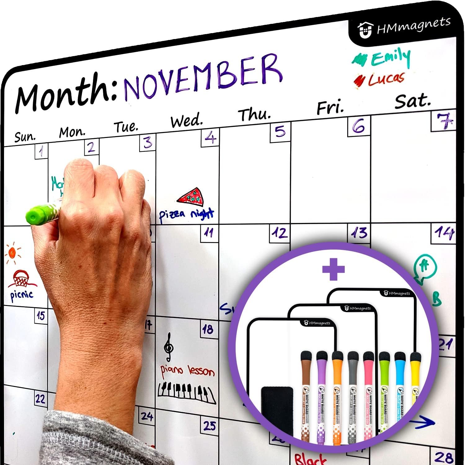 Large Dry-Erase Magnetic Monthly Calendar + Free Bonus: 3 Grocery/to-Do List Whiteboards (Organizer/Planner) for Kitchen Fridge – Full Set: 8 Markers + Eraser | Stain Free | Vertical