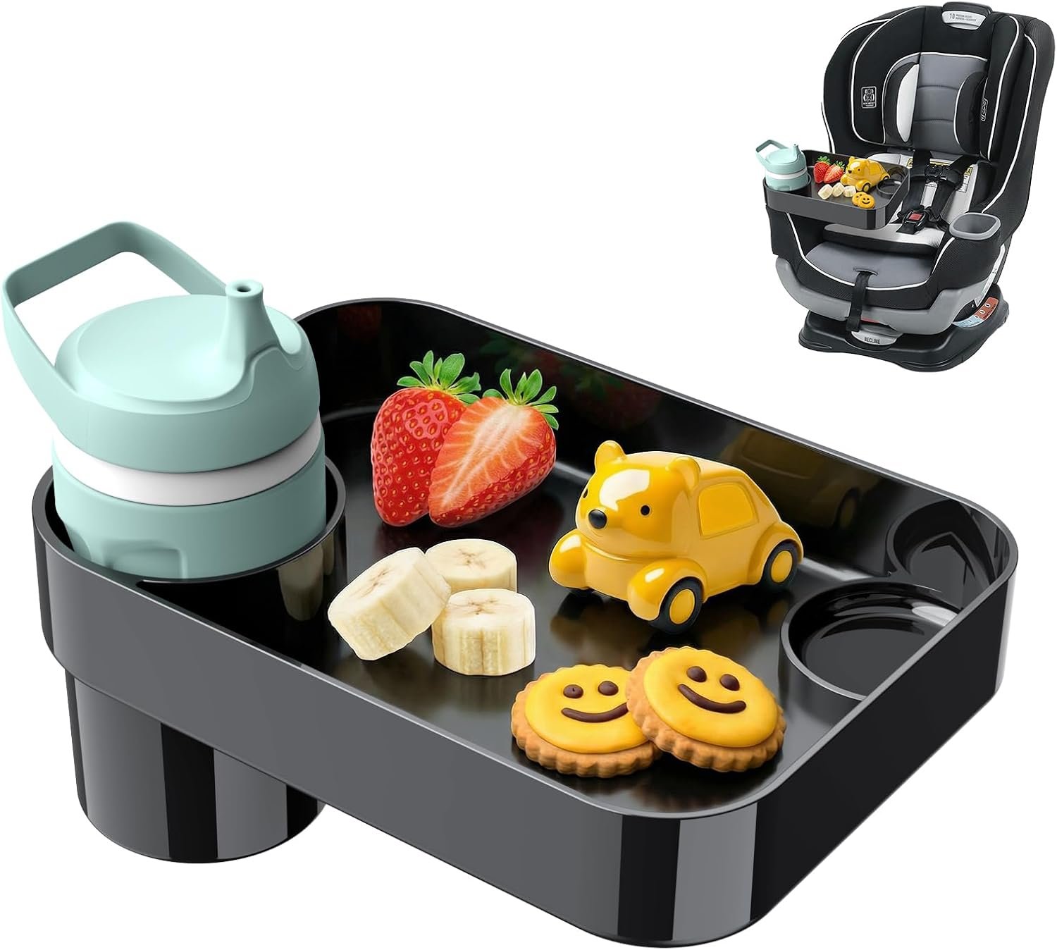 Car Seat Snack Tray for Toddlers – 3 Inch Cup Holder Fits Most Sippy Cups & Straw Bottles with Dip Well, Mess-Free Square Kids Travel Tray Road Trip Essentials, Black