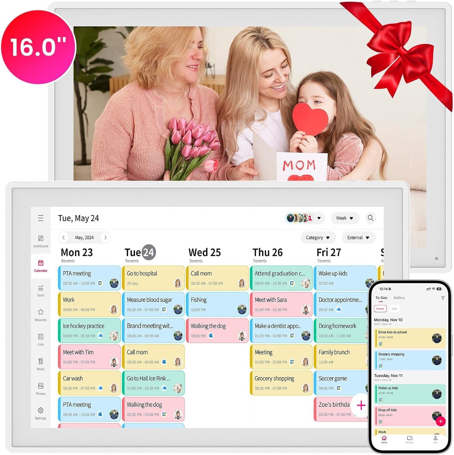 Anyuse16″ Smart Digital Calendar Wall Desk Mount Planner | Touchscreen Family Organizer, Google & iCloud Sync, Chore Chart, Meal Planning, Task Reward System（White）