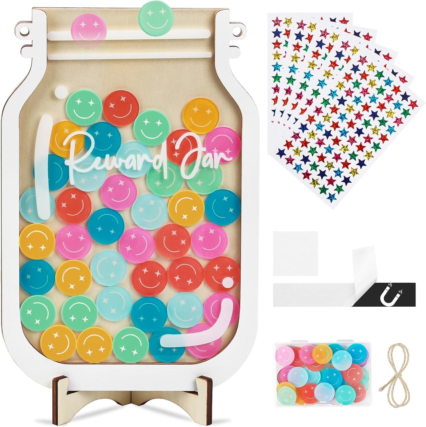 Herda Magnetic Reward Jars for Kids with 54Pcs Smiley Tokens & 420 Stickers | Behavior Chart for Classroom and Holographic Star Stickers for Kids,,Reward Chart for Kids,Potty Training Chore Reward System