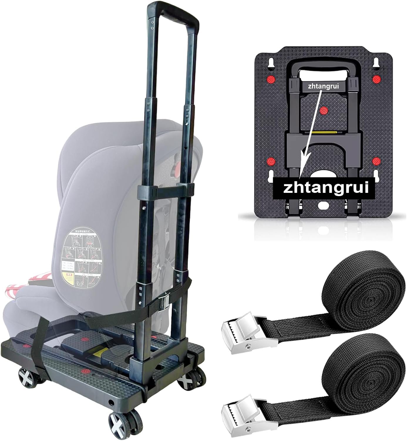 Car Seat Dolly for Airport, Black | CarSeat Roller Cart Wheels for Airplane,Car Seat Travel Cart Carrier with Straps,Foldable Luggage Trolley Hand Truck