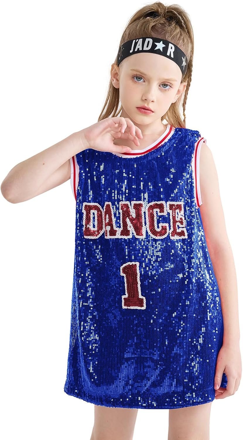 LOLANTA Girls Hip Hop Dance Clothes Kids Jersey Sequin Dress Long Tank Top Jazz Costume Cheerleading T-Shirt