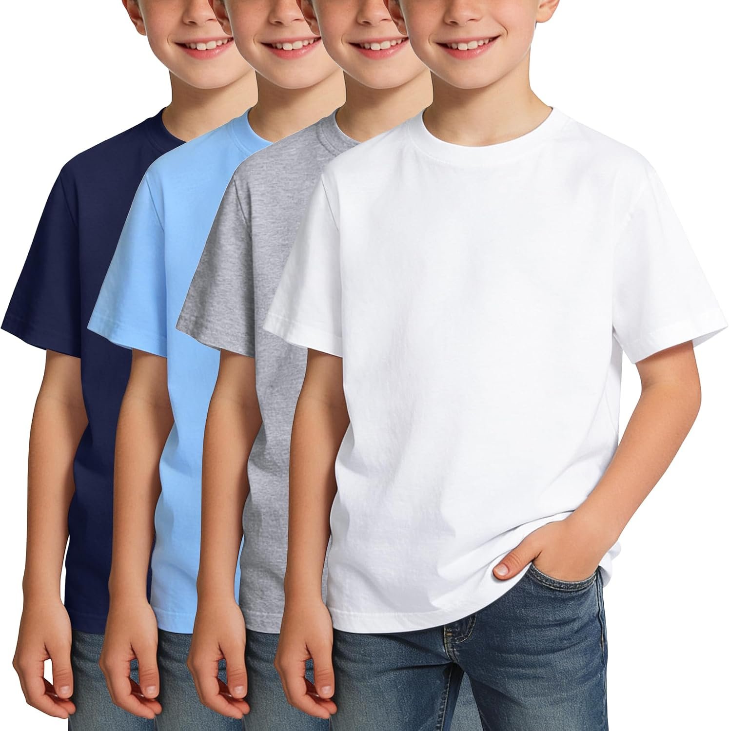BOOPH 4 Pack Boys Shirts Kids Crew Neck T-Shirt Cotton Clothes Uniform Tops | Summer Short Sleeve Tshirts for Toddler Kids Teen 5-14 Years