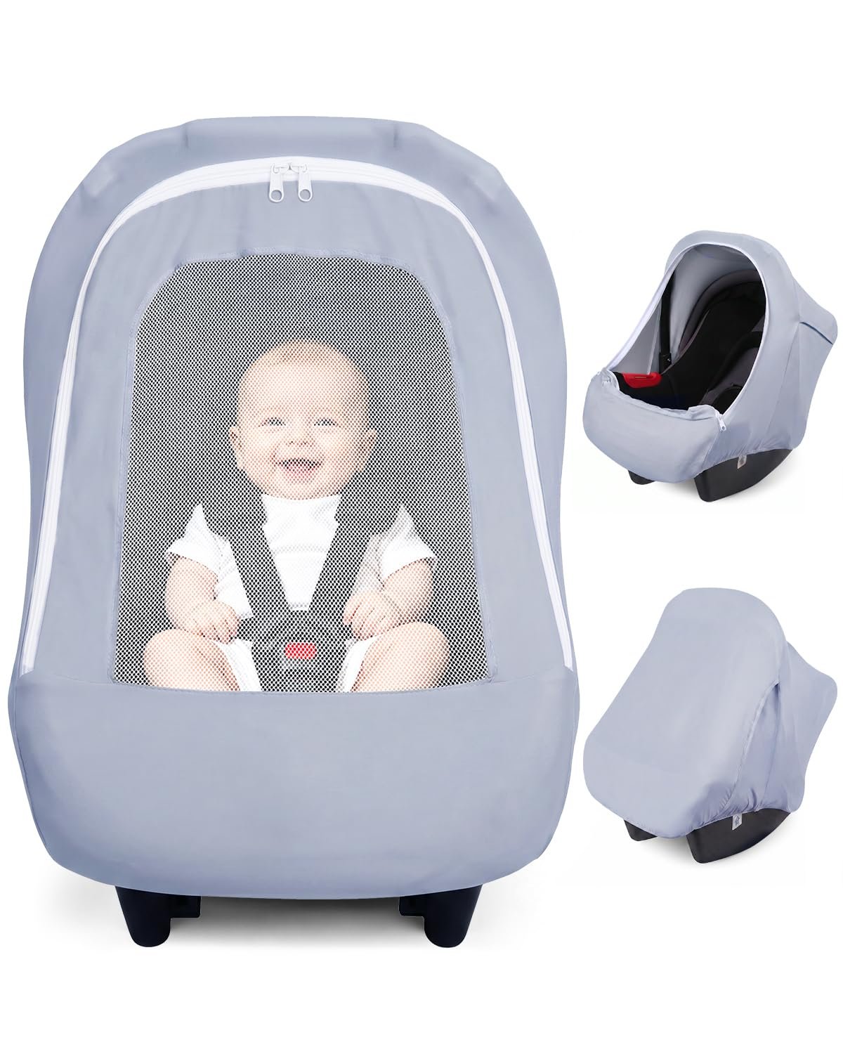 Metplus Baby Car Seat Cover with Mesh Window, Breathable Carseat Canopy, Windproof Summer Sun Shade, Infant Carrier Stroller Covers for Girls Boys, Stretchy Universal Fit (Grey)