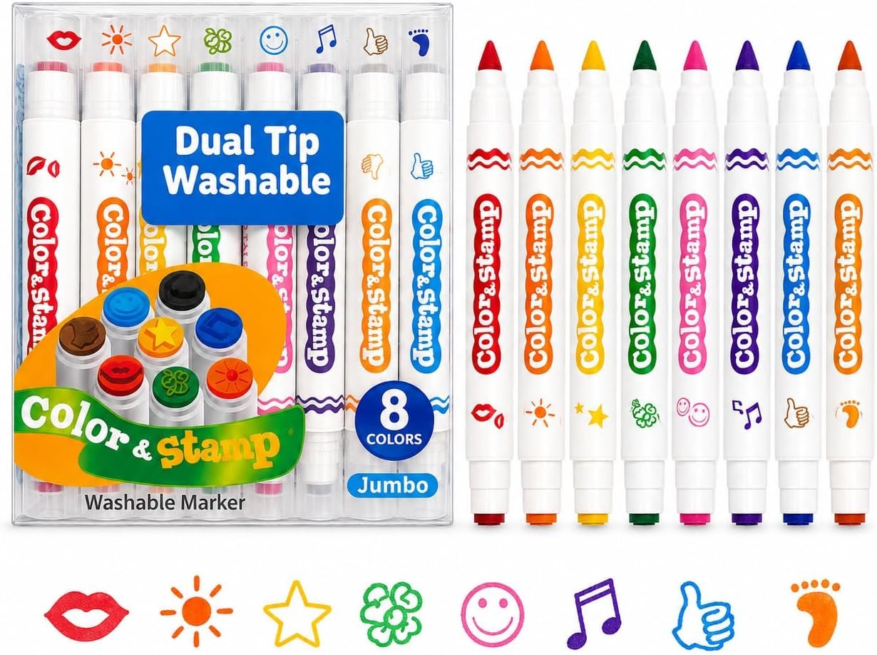 Washable Markers for Kids, Jumbo Washable Stamp Markers | 8 Count Dual Tip Markers with Stamp Tip and Cone Tip, Art Supplies for Toddlers, Preschool, Classroom and Travel Coloring