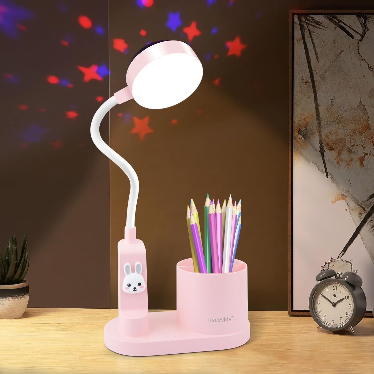 Pink Desk Lamp for Home Office, Touch Small Table Light for Kids | Eye-Care Dimmable Bedside Reading Light, Flexible Gooseneck, Star Projector Night Light with Pen Holder for College Dorm