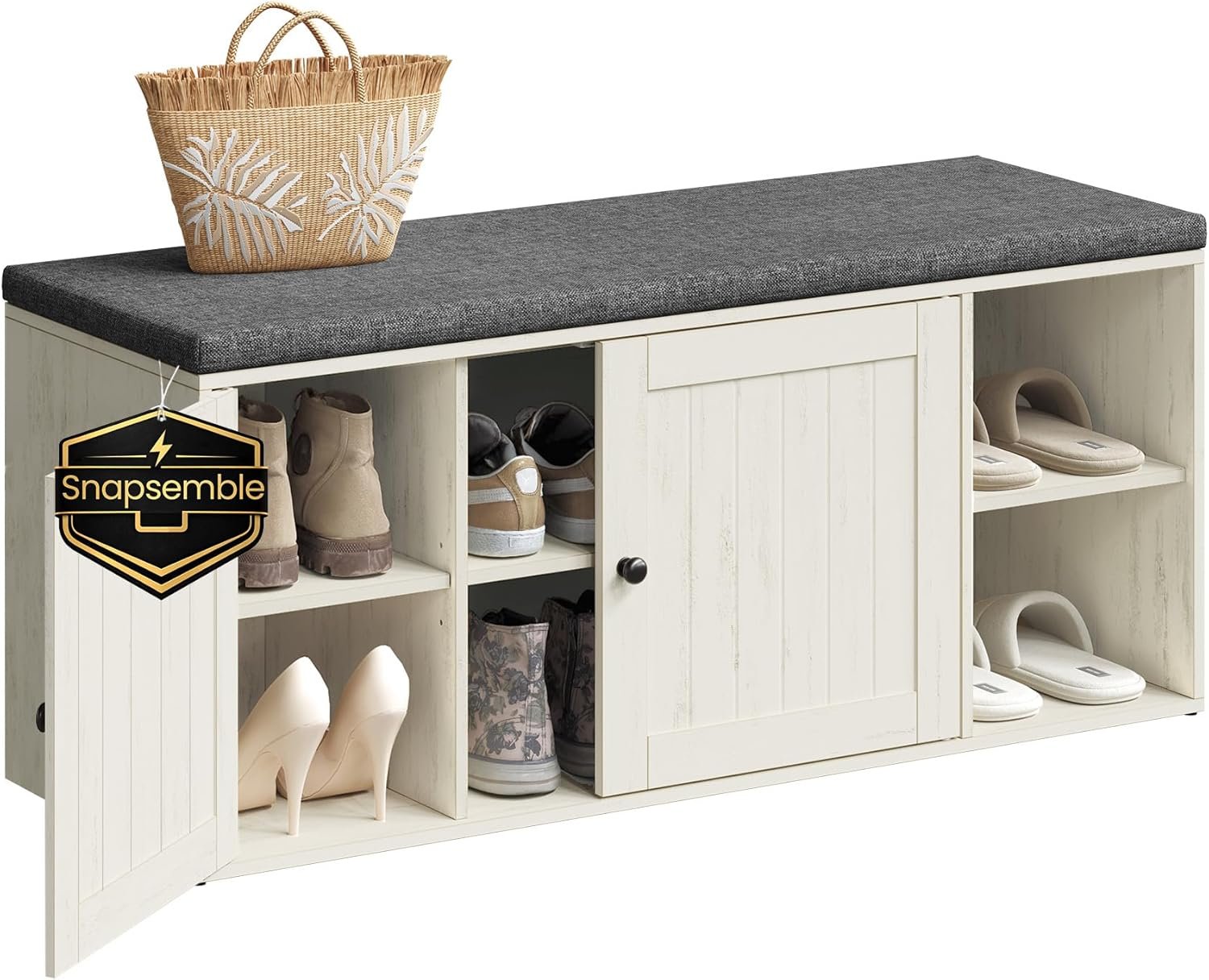 SONGMICS HOME Shoe Storage Bench, Snapsemble Superfast Assembly, Shoe Rack Cabinet with Door & Adjustable Shelf for Entryway/Living Room, 14 x 40.2 x 17.3 Inches, Rustic White and Slate Gray