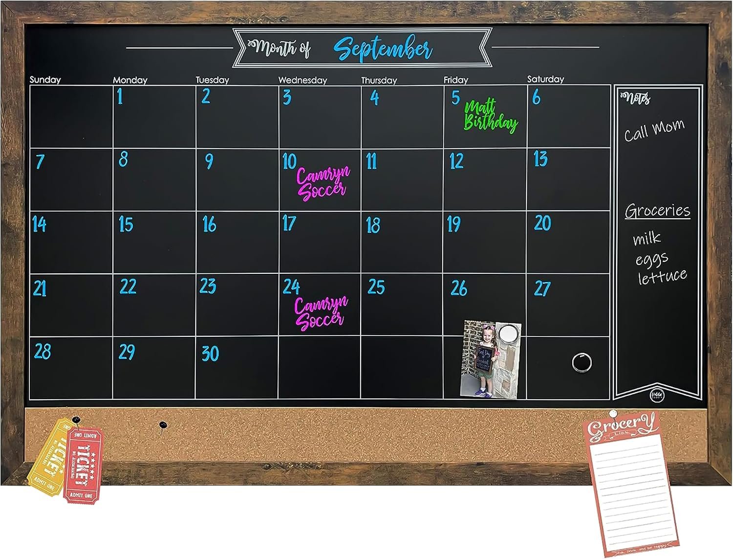 Loddie Doddie Framed Magnetic Chalkboard Calendar – 36 x 24 in, Rustic Alloy Steel Frame – Kitchen Wall Decor & Menu Board for Kitchen – Magnet Display for Photos & Notes – Calendar Board for Wall