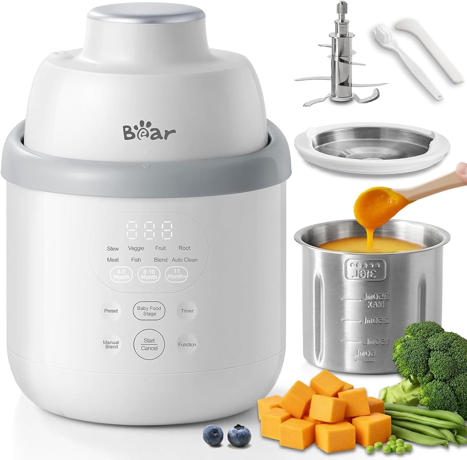 Bear Stainless Steel Baby Food Maker Processor, NutriEase 3-Stage Texture | OneStep Baby Puree Maker Steamer and Blender, Preset, Self-Clean&Dishwasher safe, Effortless Healthy Homemade Baby Food Puree
