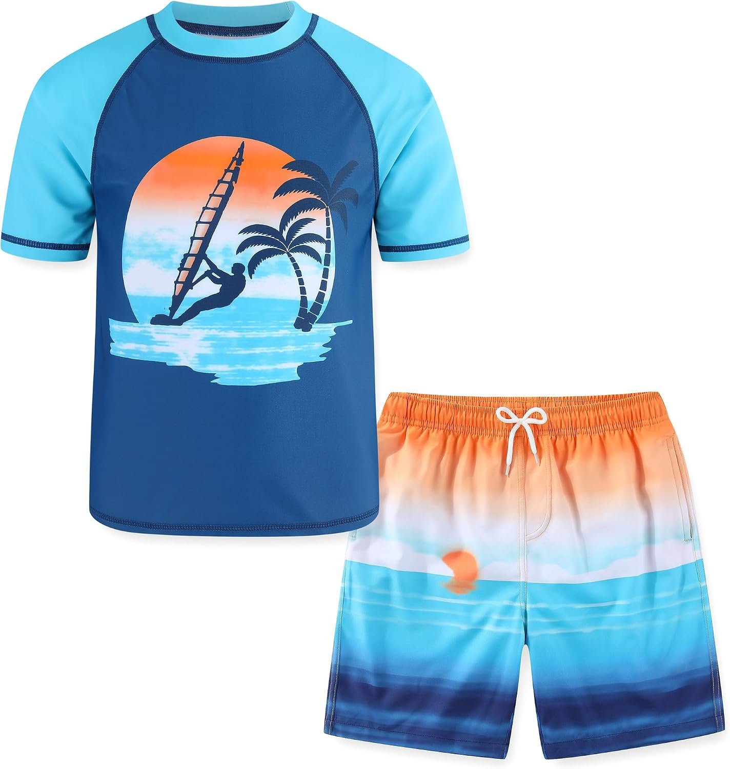 Boys Rash Guard Swim Set with Swim Trunks Bathing Suit Short Sleeve Swim Shirt Quick Dry Swimsuit Kids Swimwear Size 4-16