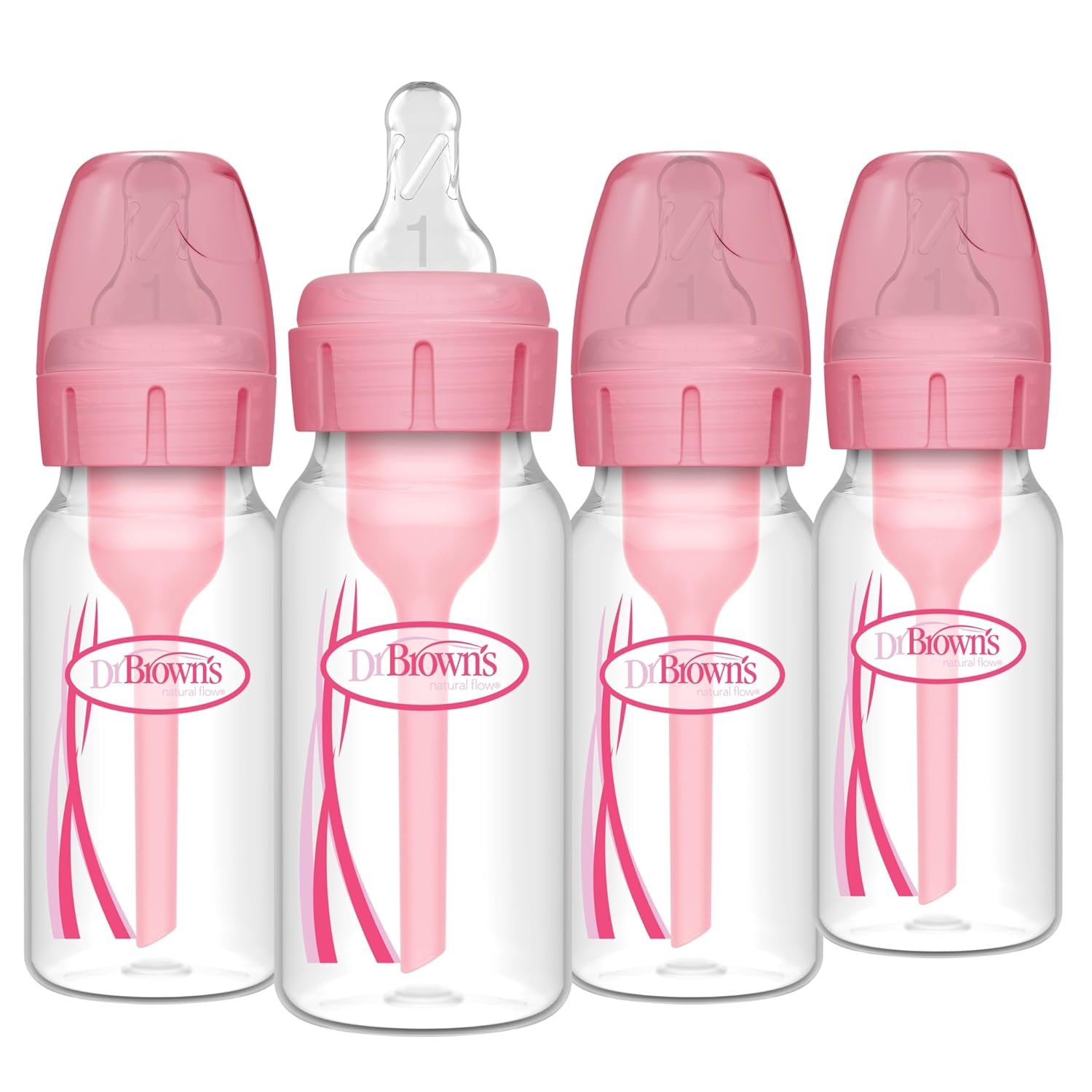 Dr. Brown’s Natural Flow Anti-Colic Options+ Narrow Baby Bottle, 4 oz/120 mL, with Level 1 Slow Flow Nipple, Pink, 0m+, 4 Pack