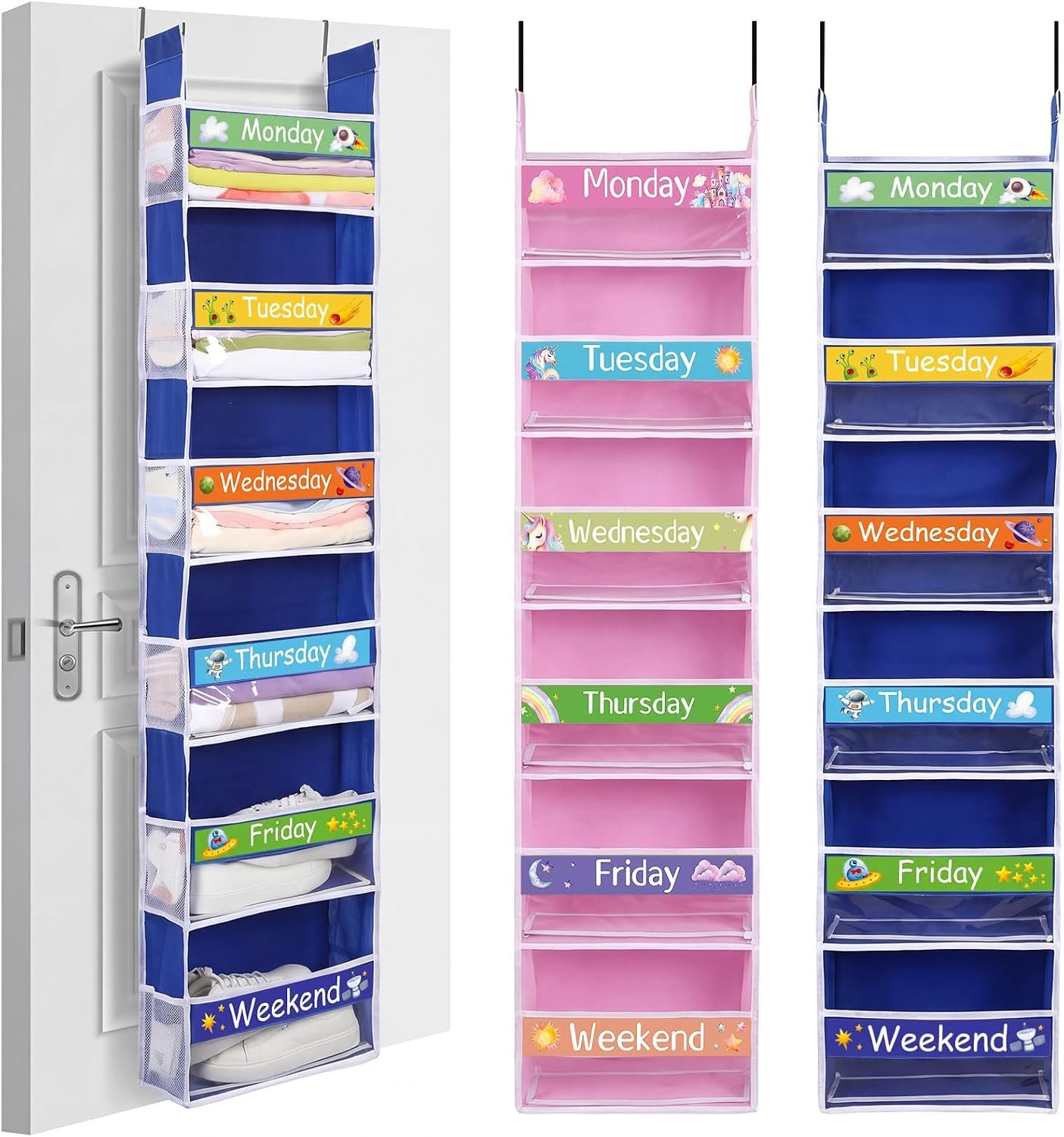 2 Pack Weekly Over the Door Organizer for Kids with 12 Side Pocket Hanging Clothes Organizer Closet Storage Monday Through Weekend Storage Shelves, 6 Shelf(Pink and Blue,Space and Unicorn)