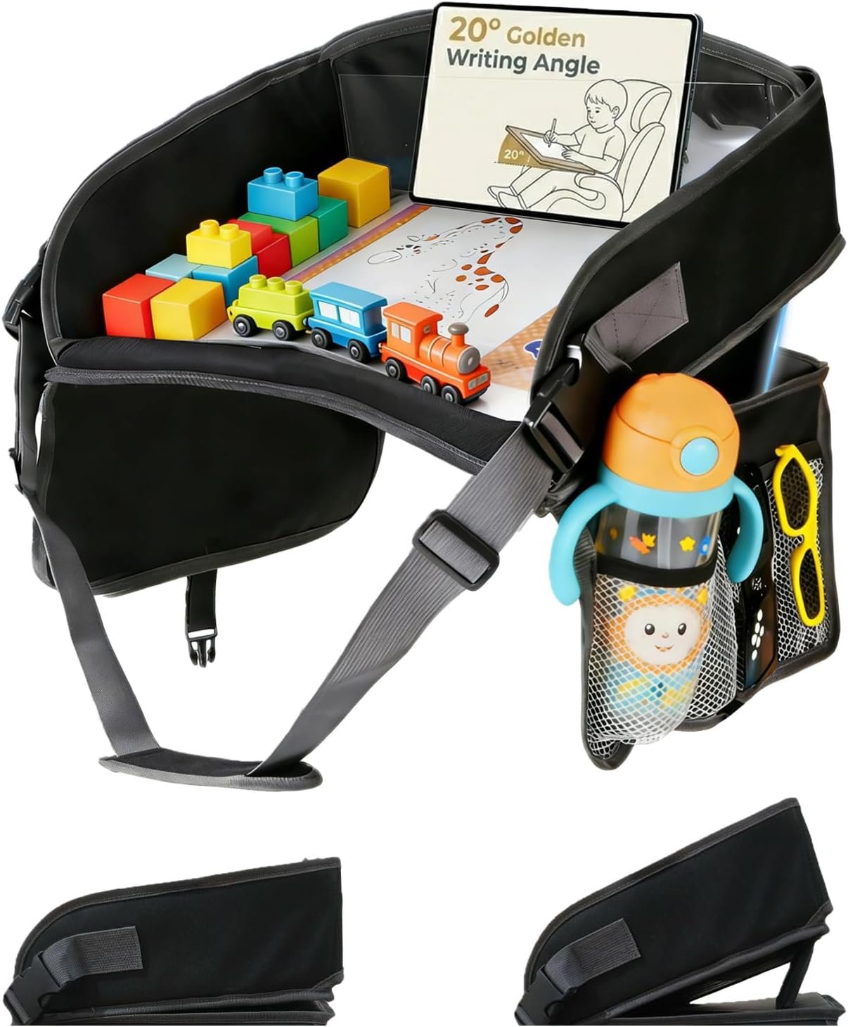 Kids Travel Tray for Car Lap Desk for Kids Ergonomic Elevated Angle Car Seat Tray with Cup Holder Storage Pockets Ideal Travel Essentials for Long Trips