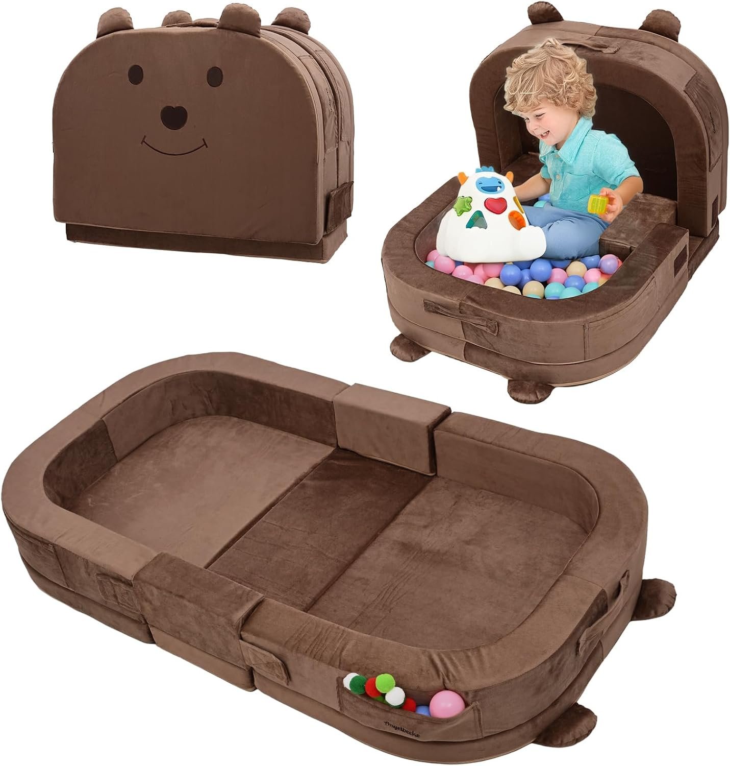 Toddler Travel Bed,Toddler Play Mat,Foldable&Portable Kids Floor Sofa with Removable Pillow,28D High-Density Sponge,Bear-Shaped 2-in-1 Activity Center for Reading, Playing,Little Sofa at Home