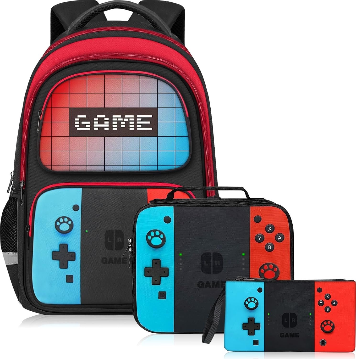TILYTADLY School Backpack for Boys – 3pcs Gamer Boys Backpack with Lunch Box and Pencil Case for Kids Children Teens Elementary Middle School – HFHTDC Video Game Bookbag 17″ Large Capacity