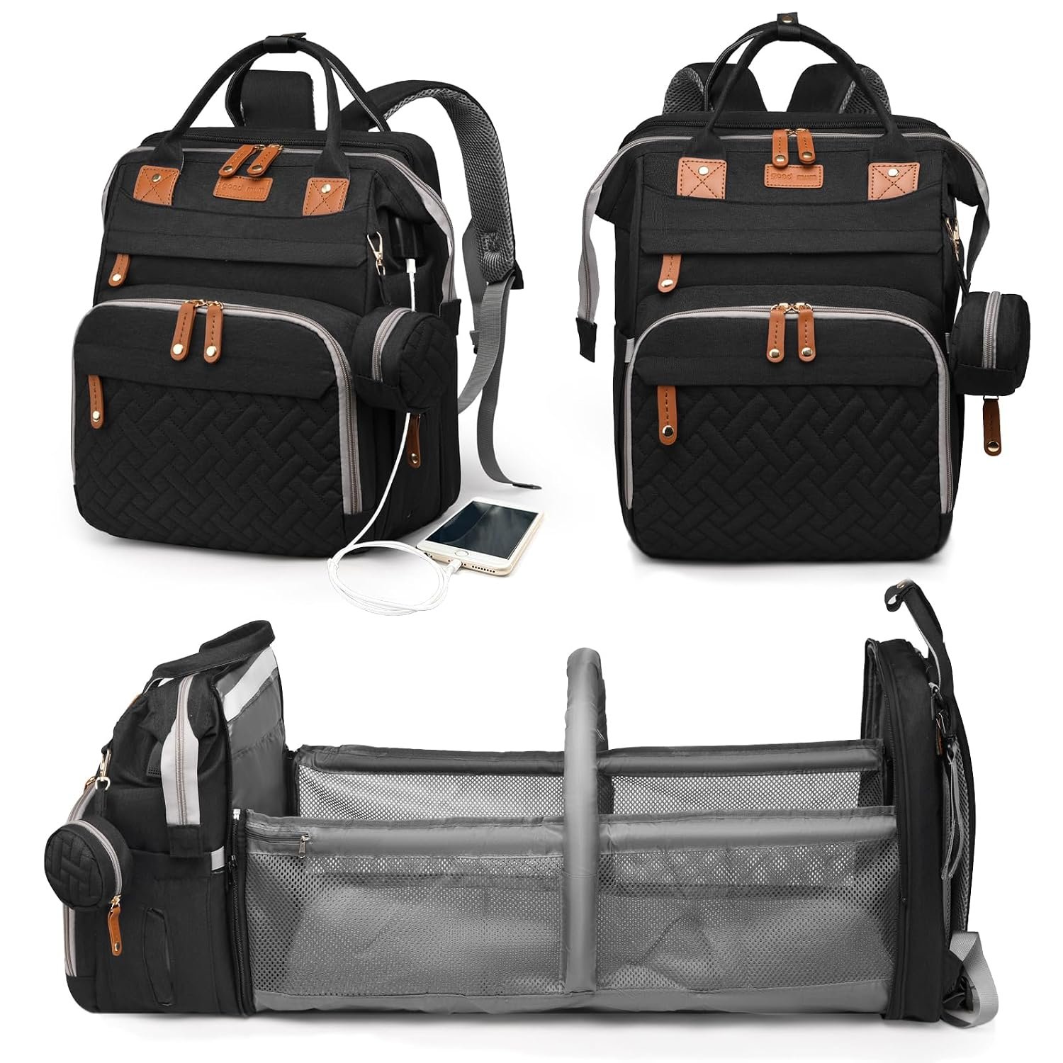 Baby Diaper Bag with Changing Station, Waterproof Diaper Bag Backpack for Moms Dads with USB Charging Port, Baby Shower Gifts, Baby essentials, Black
