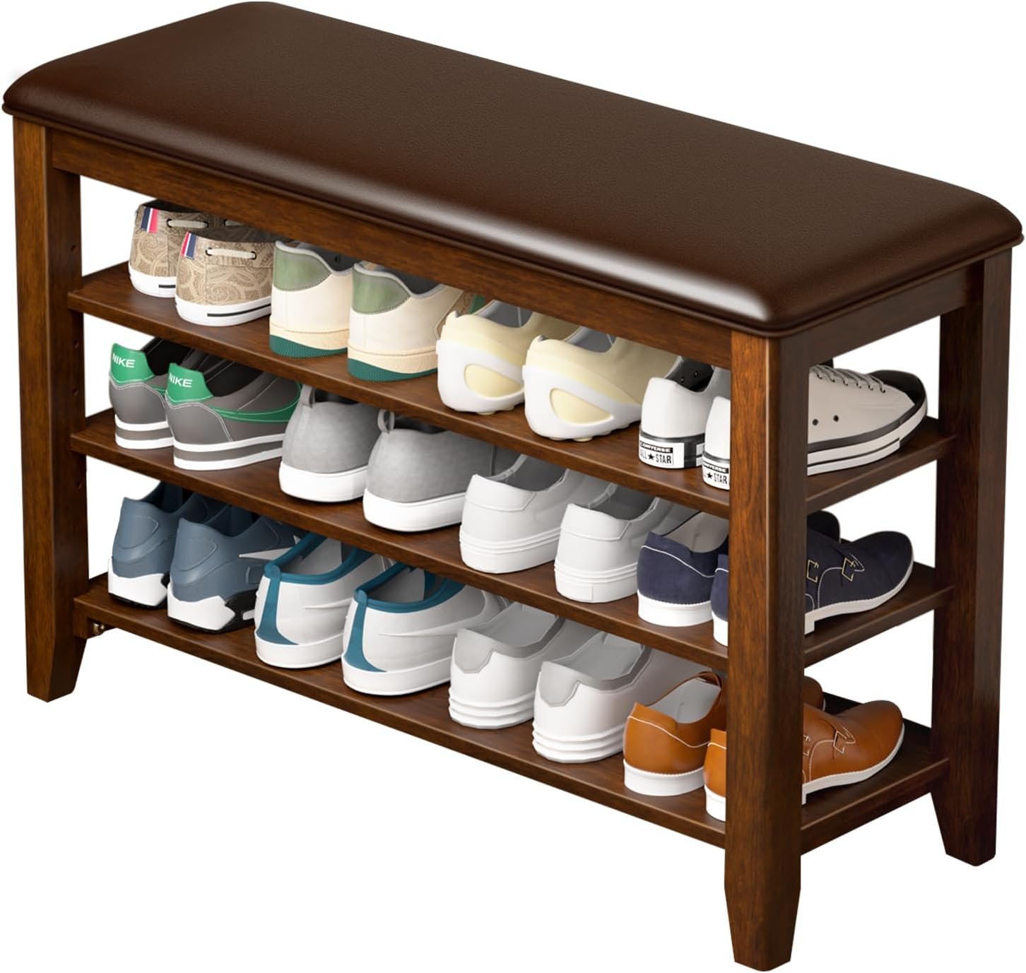 Shoe Rack Bench with 3 Tier Adjustable Shelves Rubberwood Entryway | Hallway organizer, solid wood design, removable shelves, space saving storage, perfect for front doors, family spaces