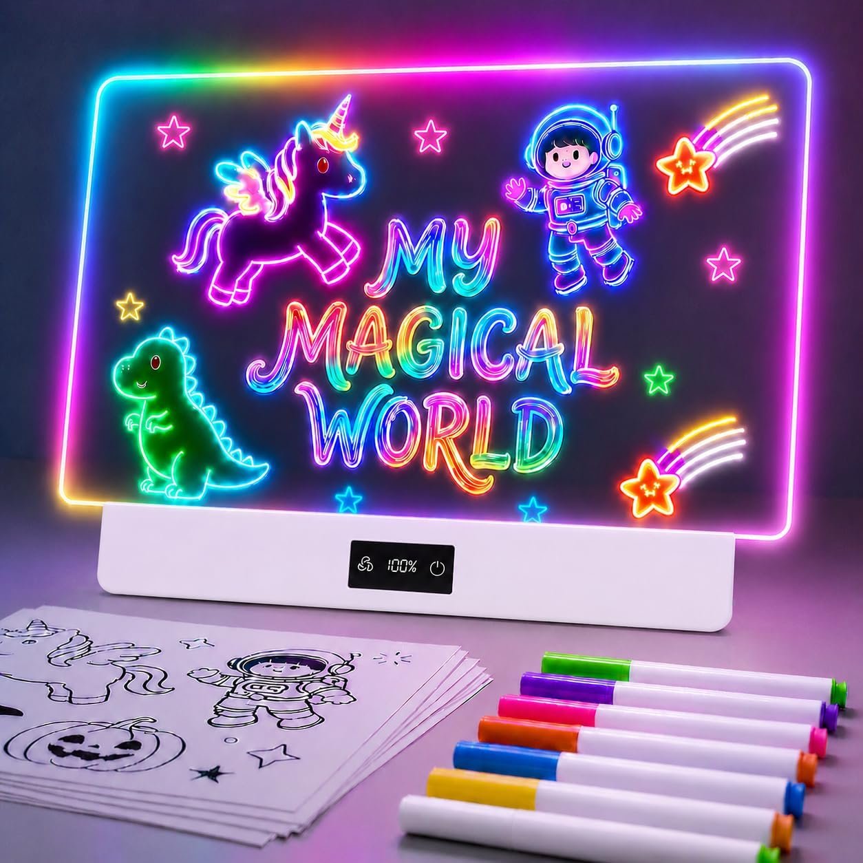TAEMVV 16″ LED Drawing Board for Kids with 8 Colors 3 Dynamic Modes, Rechargeable 15H Battery Display, Glow Light Up Note Board Birthday Gifts Toys for Girls Ages 3 4 5 6 8-12, White