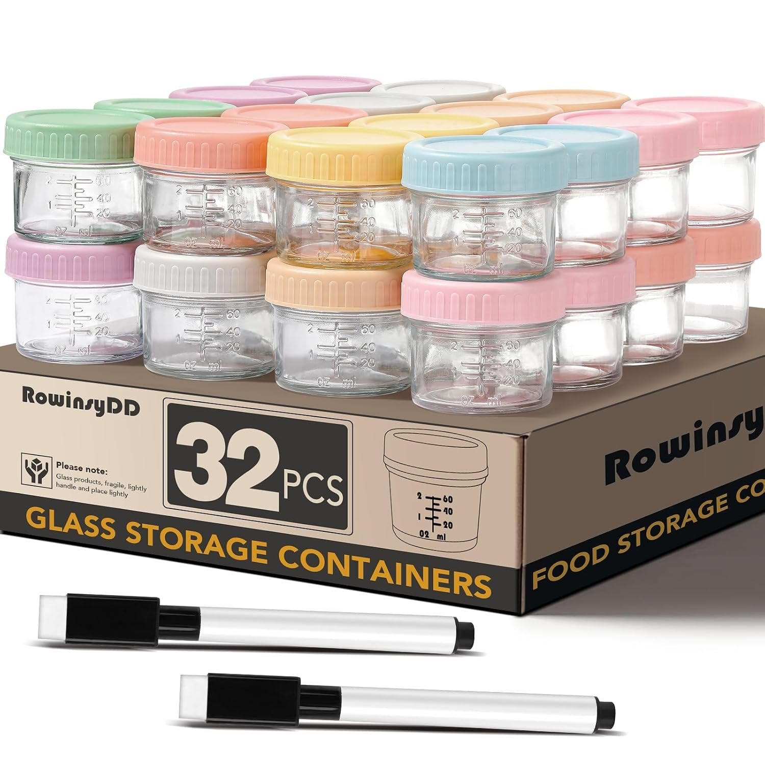 RowinsyDD 32-Pack Leakproof 4oz Glass Baby Food Jars With Lids – BPA Free, Freezer & Microwave Safe