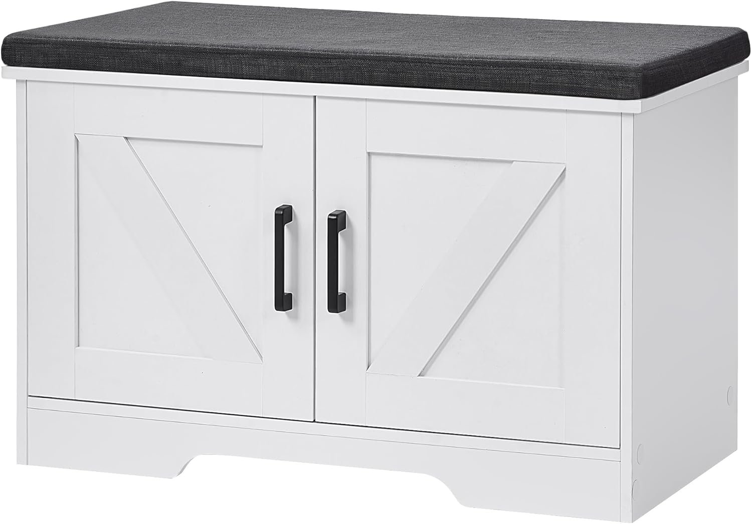 HOMSHO Farmhouse Shoe Storage Bench with 2 Barn Doors & Padded Seat Cushion | 27.6″ Wide Entryway Bench with Adjustable Shelves & Hidden Storage, White